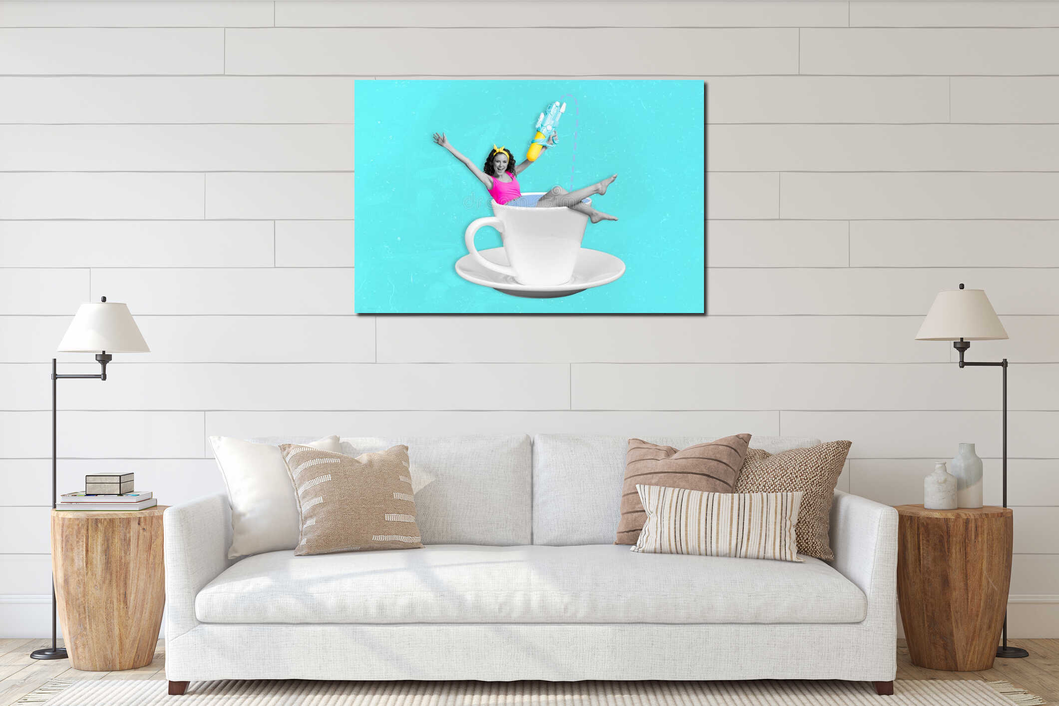 Composite collage illustration of excited carefree small girl black white effect sit coffee cup hold water gun interior mockup