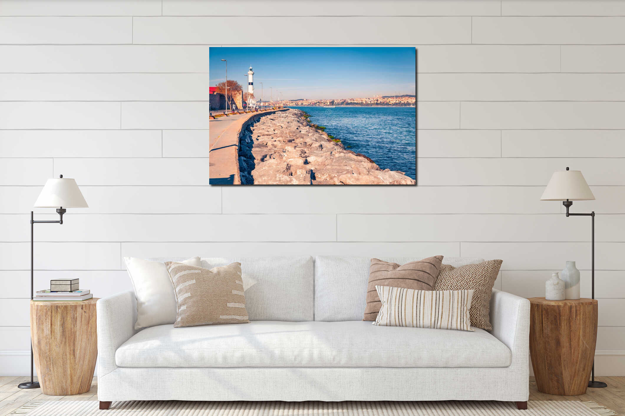 Bright spring view of empty quay on Bosporus river. Picturesque spring cityscape of Istanbul, Turkey, Europe. interior mockup