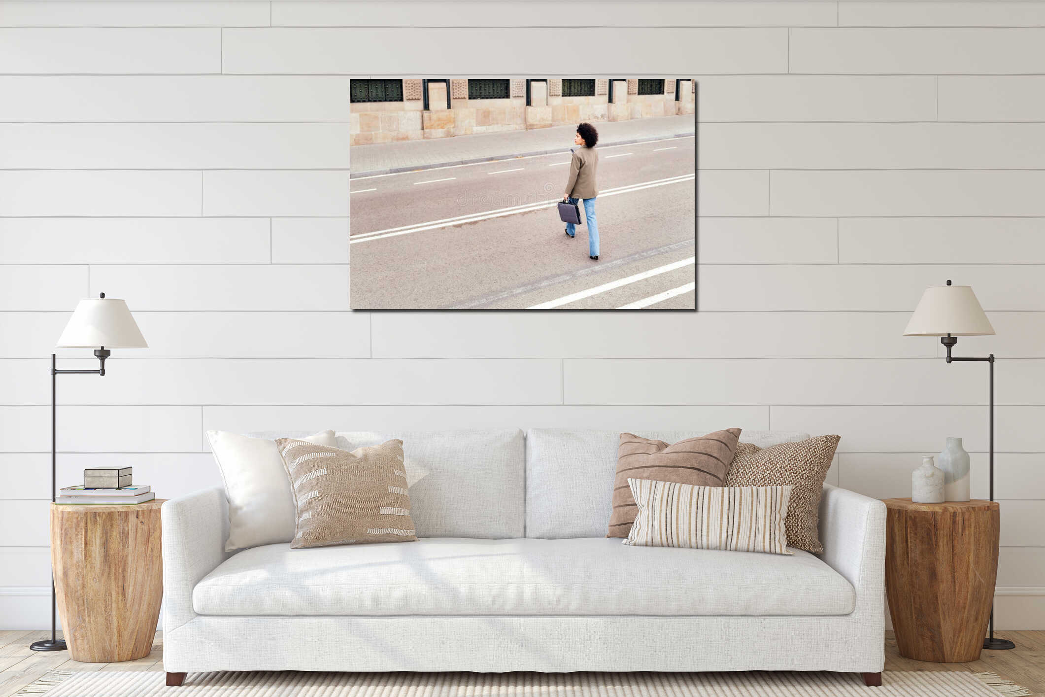 successful young woman walking across the street interior mockup