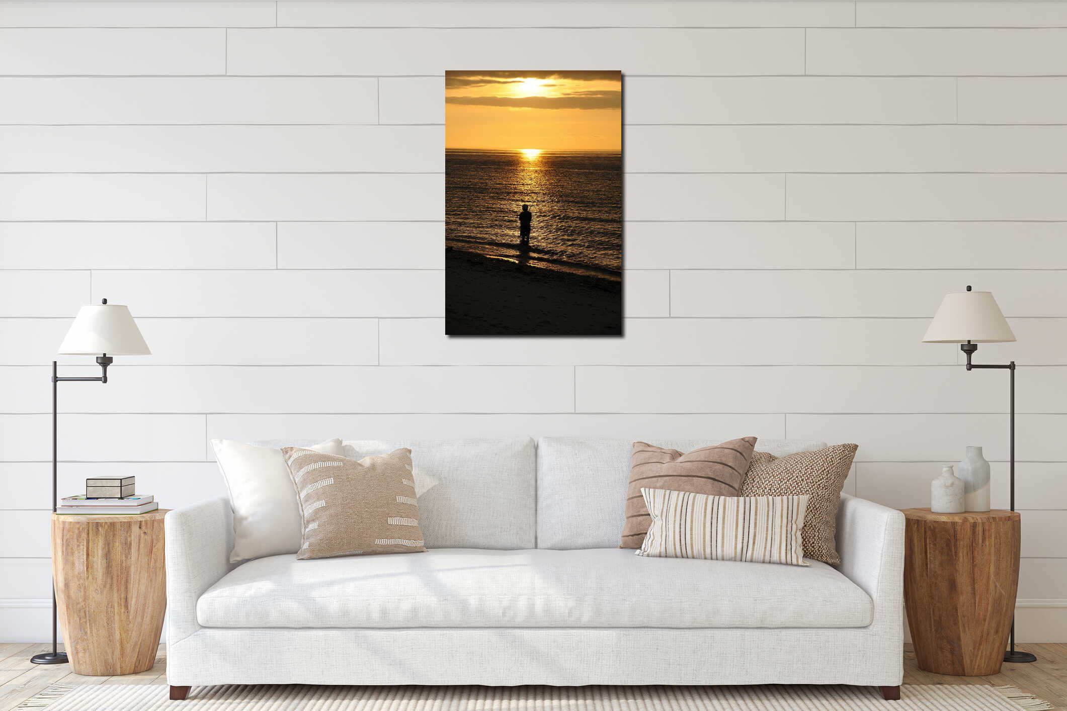 Fisherman silhouette at sunset. interior mockup