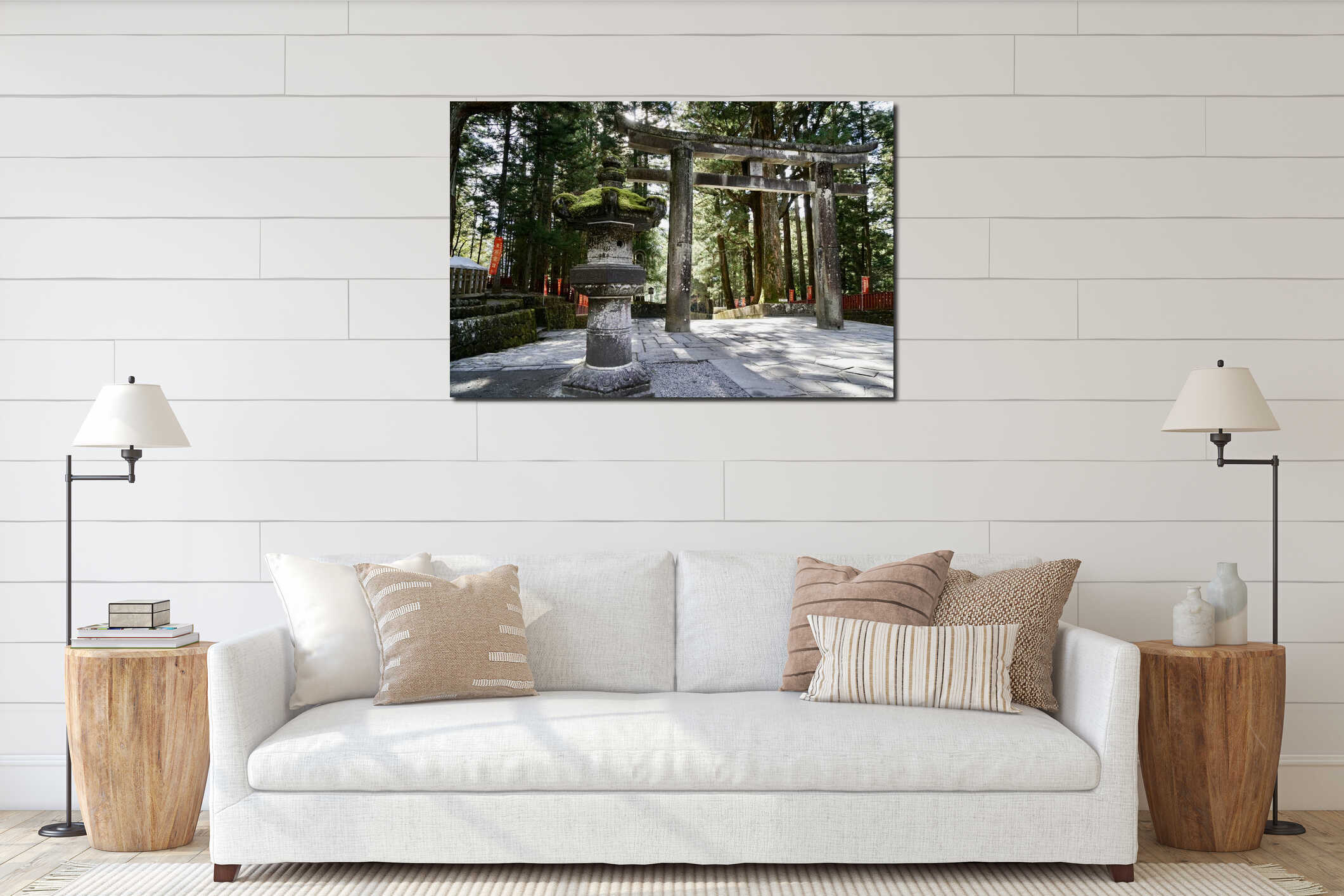 Traditional Japanese temple torii landscape at Nikko Japan interior mockup