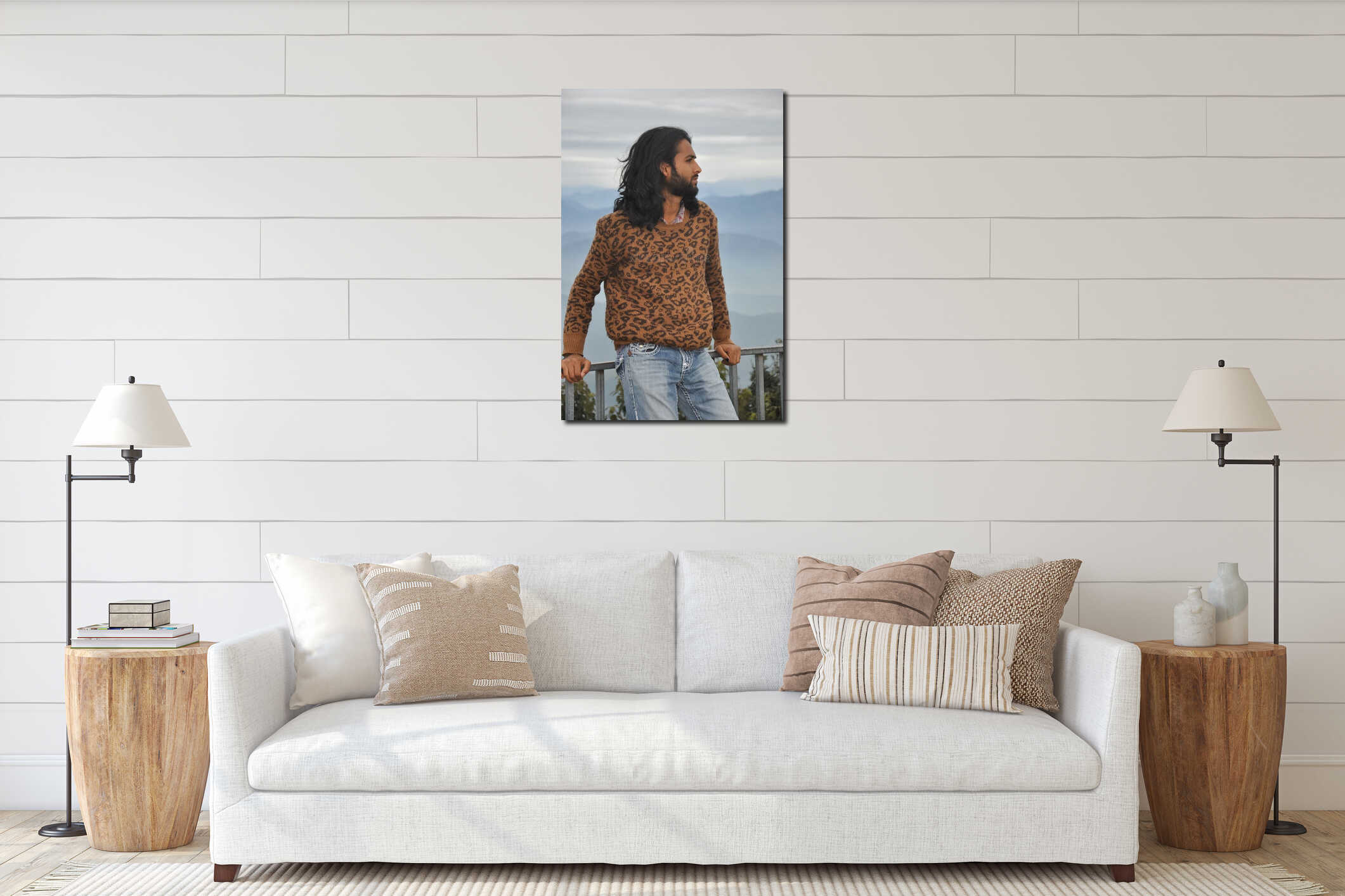 A sexy long haired and bearded Indian young man with looking sideways interior mockup