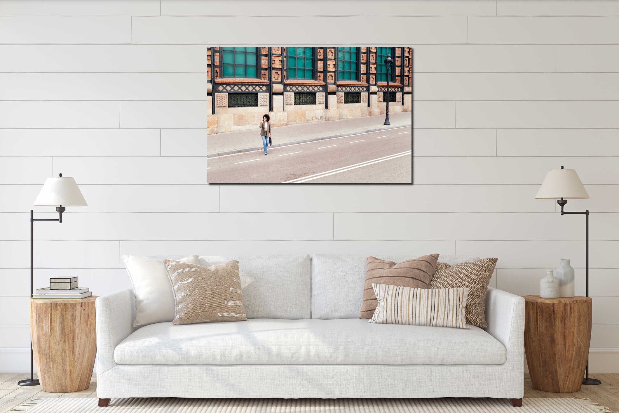 woman walking across the street talking by phone interior mockup