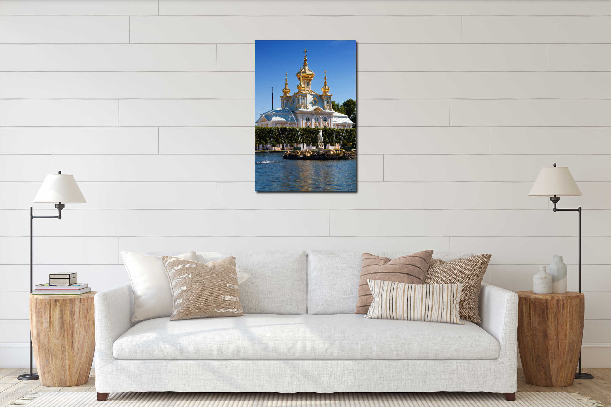 Grand palace in old park Peterhof interior mockup