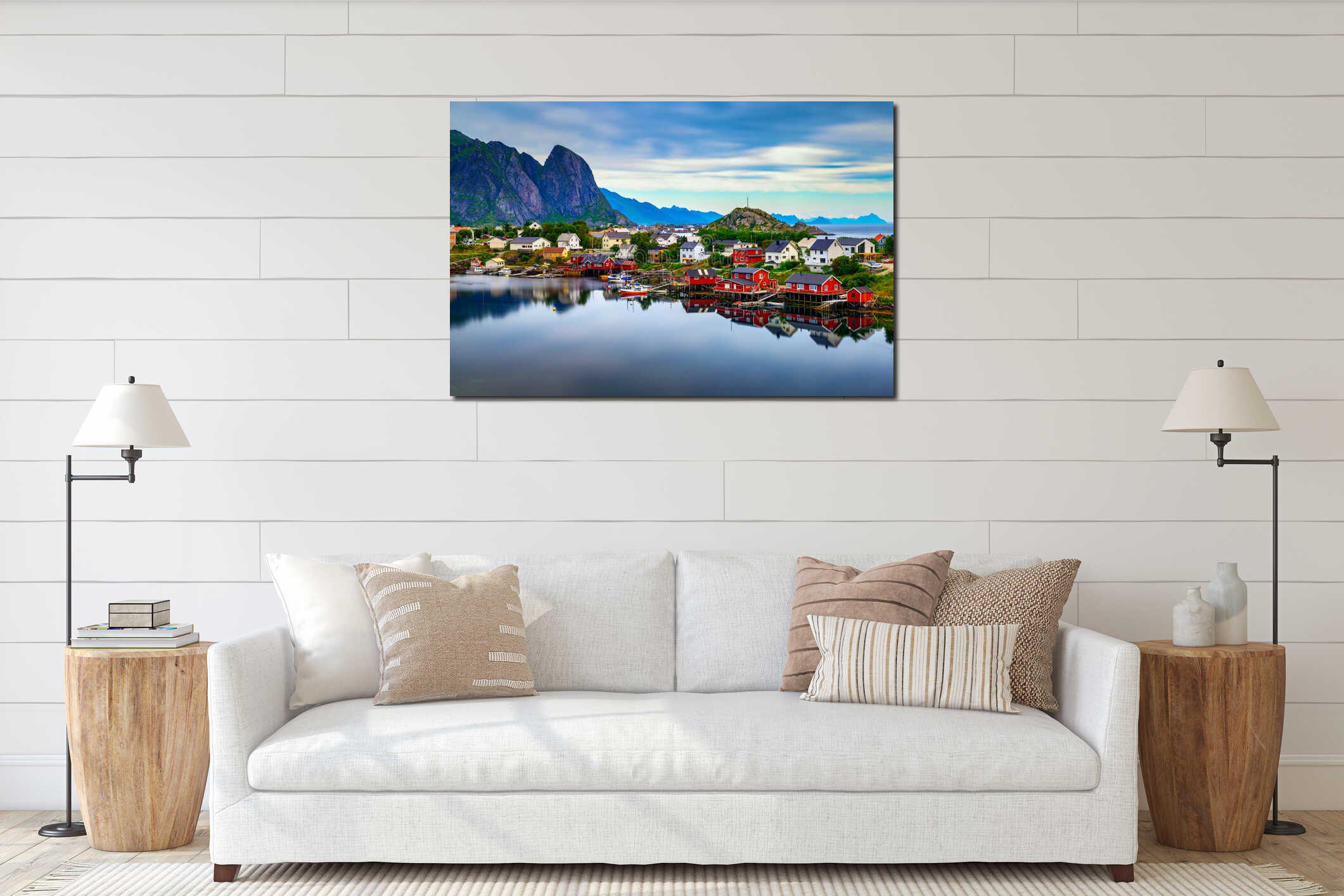 Reine village with red rorbu cottages and mountains on Lofoten islands, Norway interior mockup