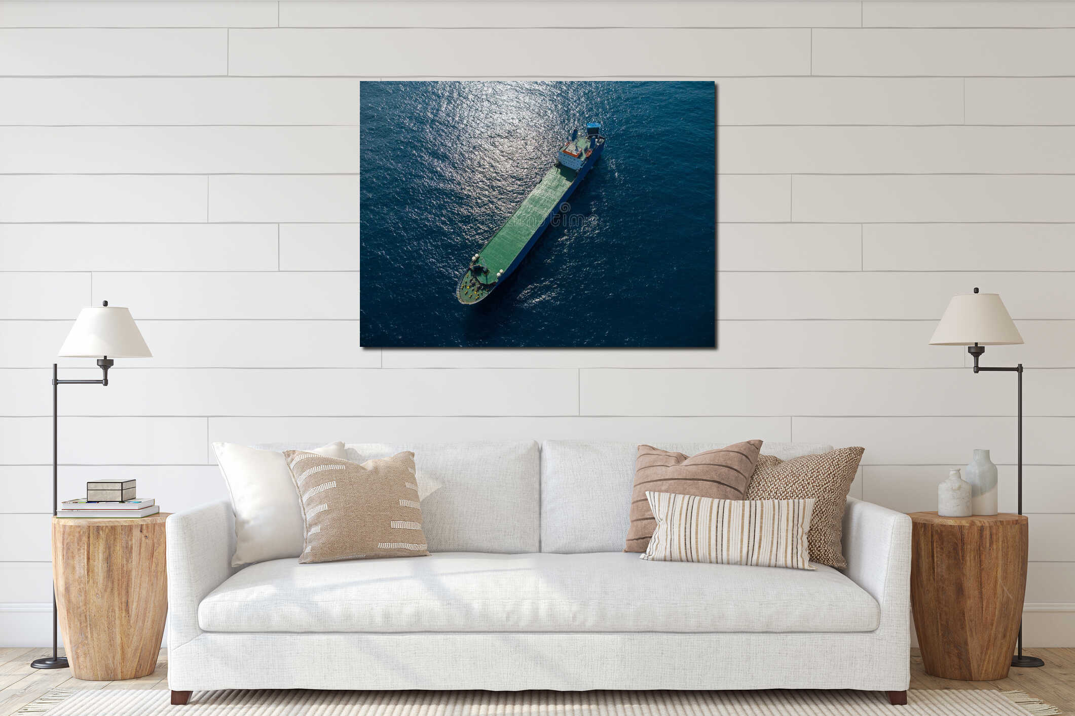 Aerial drone top view of empty car ferry boat interior mockup