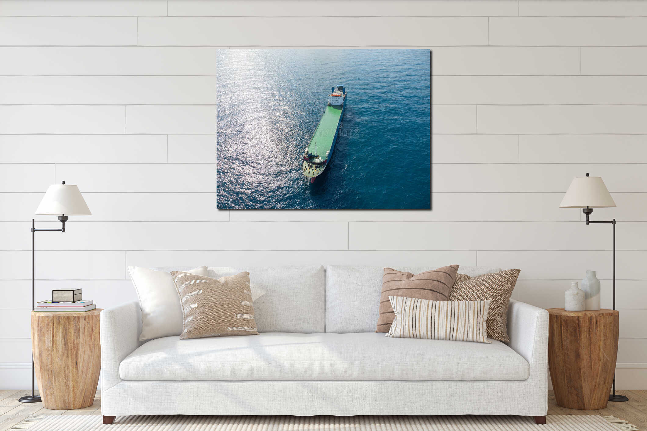 Aerial drone top view of empty car ferry boat interior mockup