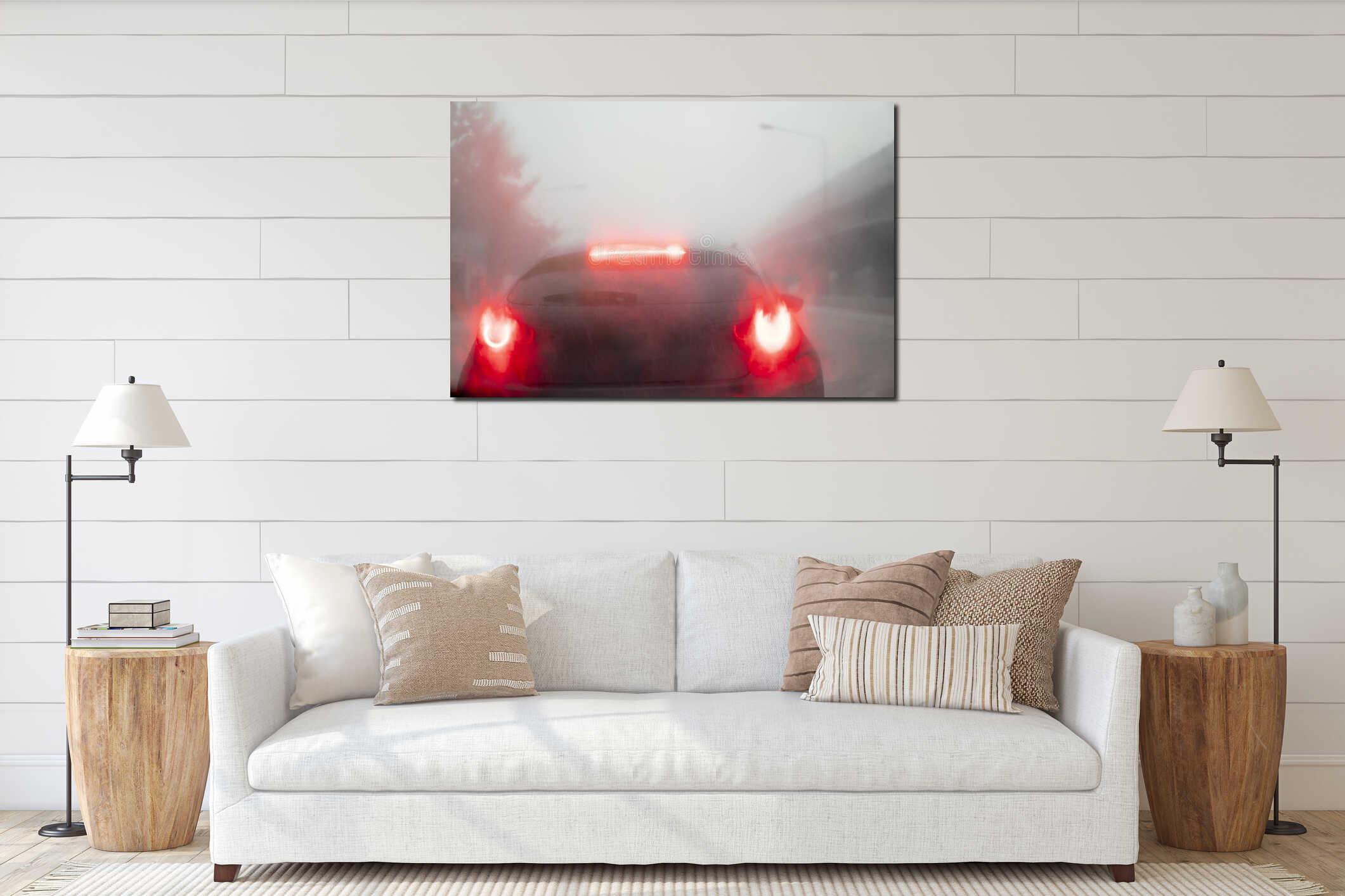 Abstract and blurred of rear side car white red light of brake. interior mockup