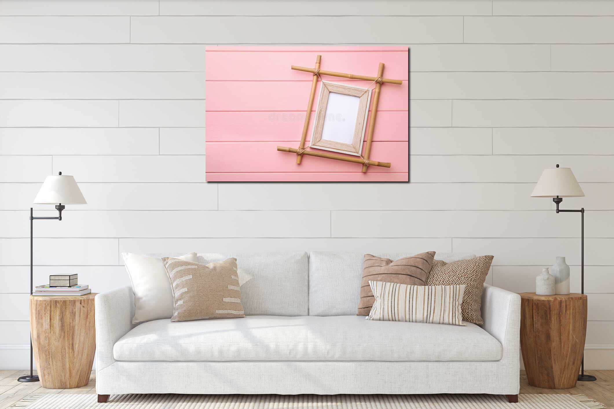 Empty bamboo frame on pink wooden background, top view. Space for text interior mockup