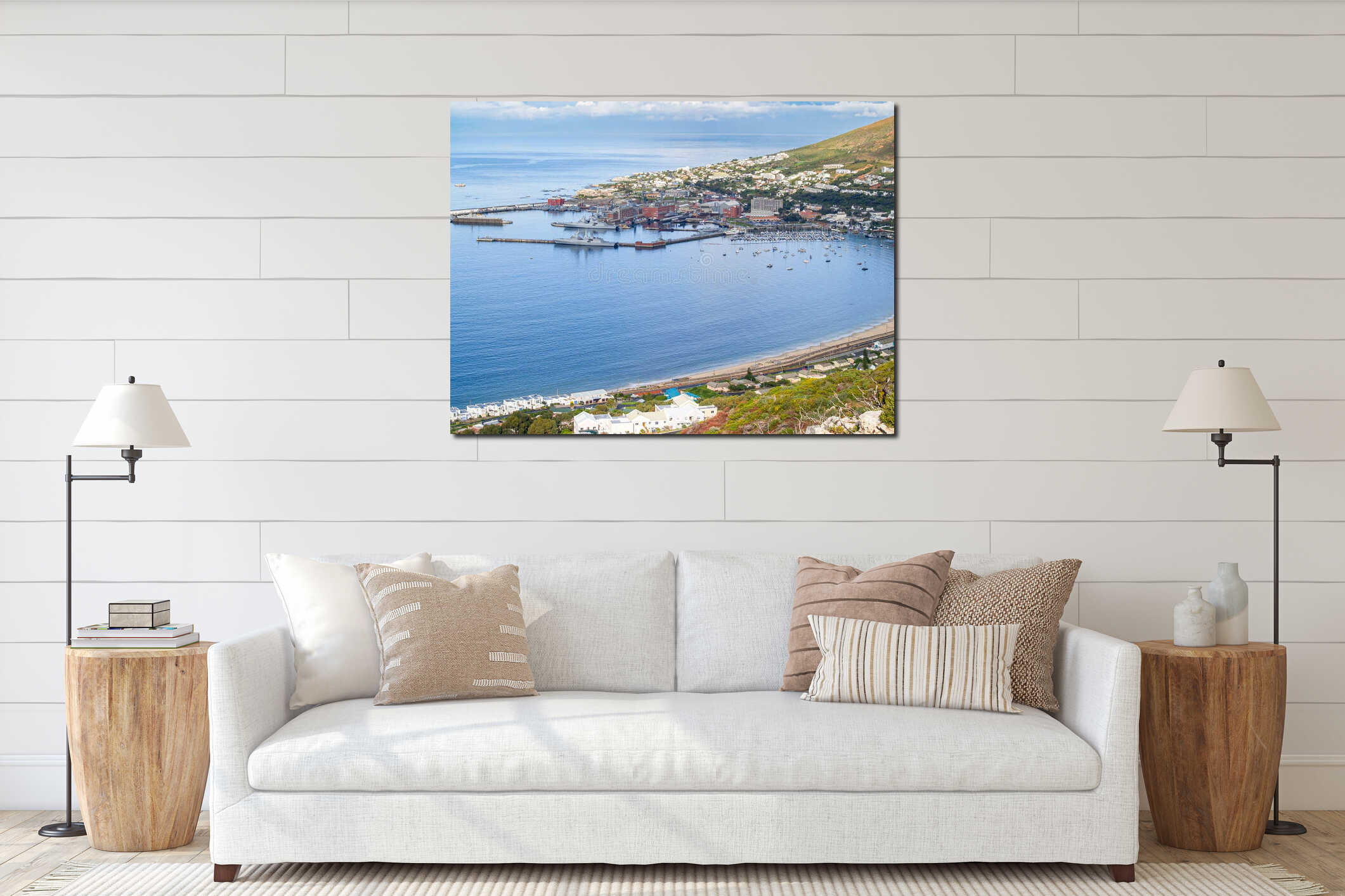 South Africa aerial coastal scene with marina and naval base in bay interior mockup