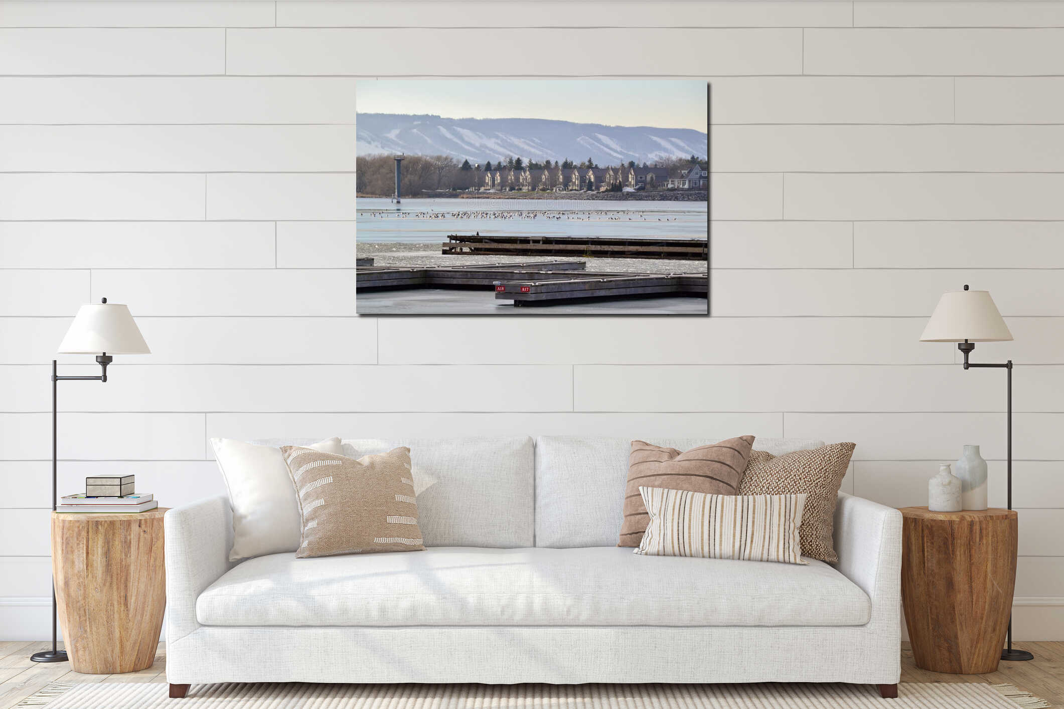 Scenic view of the Blue Mountains and Collingwood docks with large flock of seagulls interior mockup