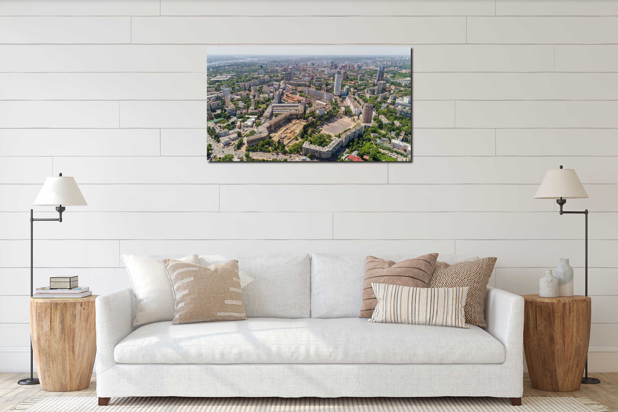 Drone aerial view beautiful Kyiv cityscape on sunny summer day, Kiev building interior mockup