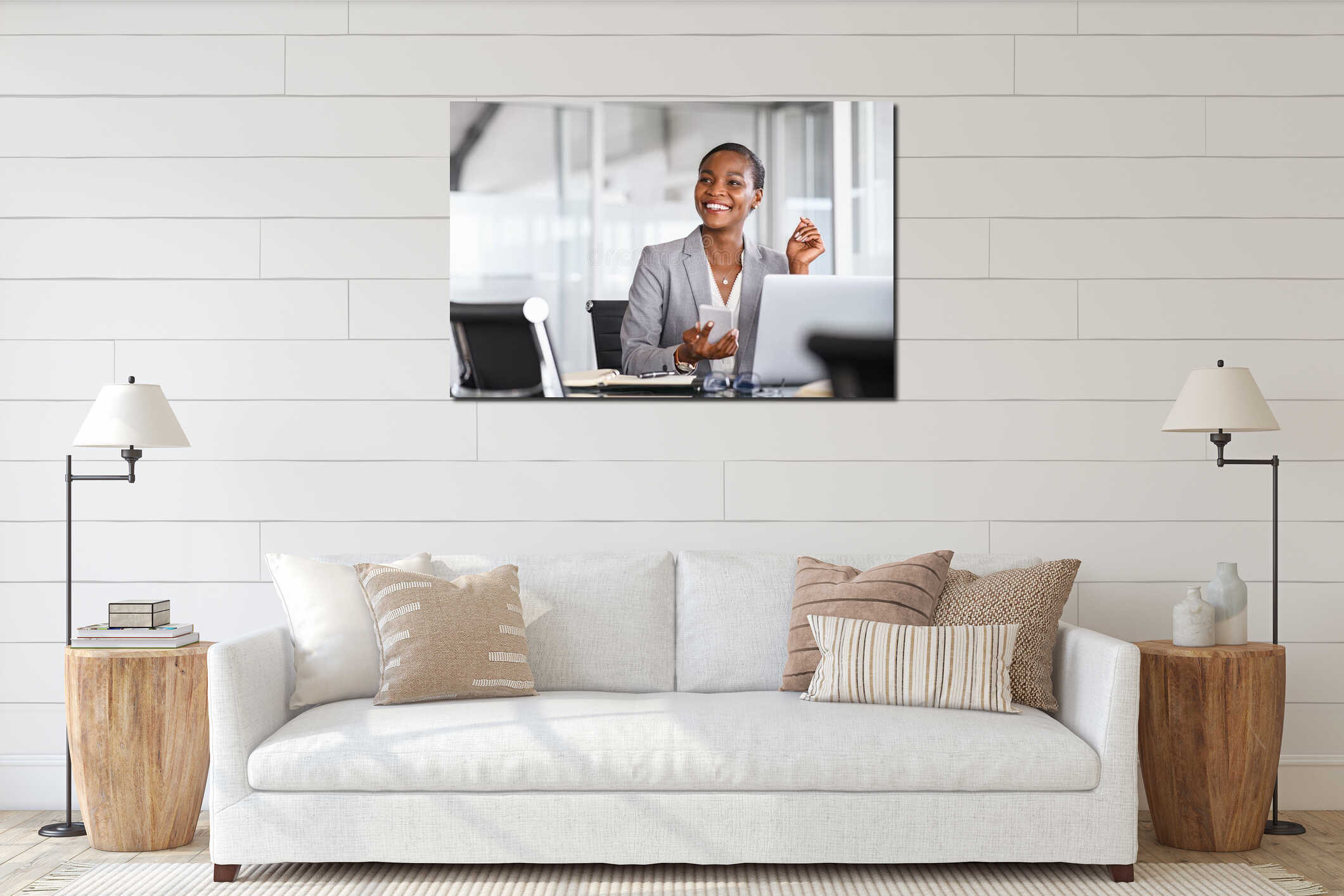 Smiling businesswoman looking up while working interior mockup
