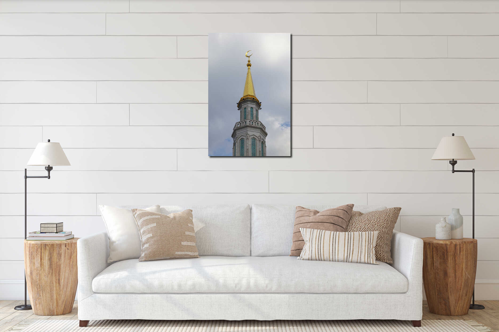 Minaret of the Moscow Cathedral Mosque against a cloudy sky interior mockup