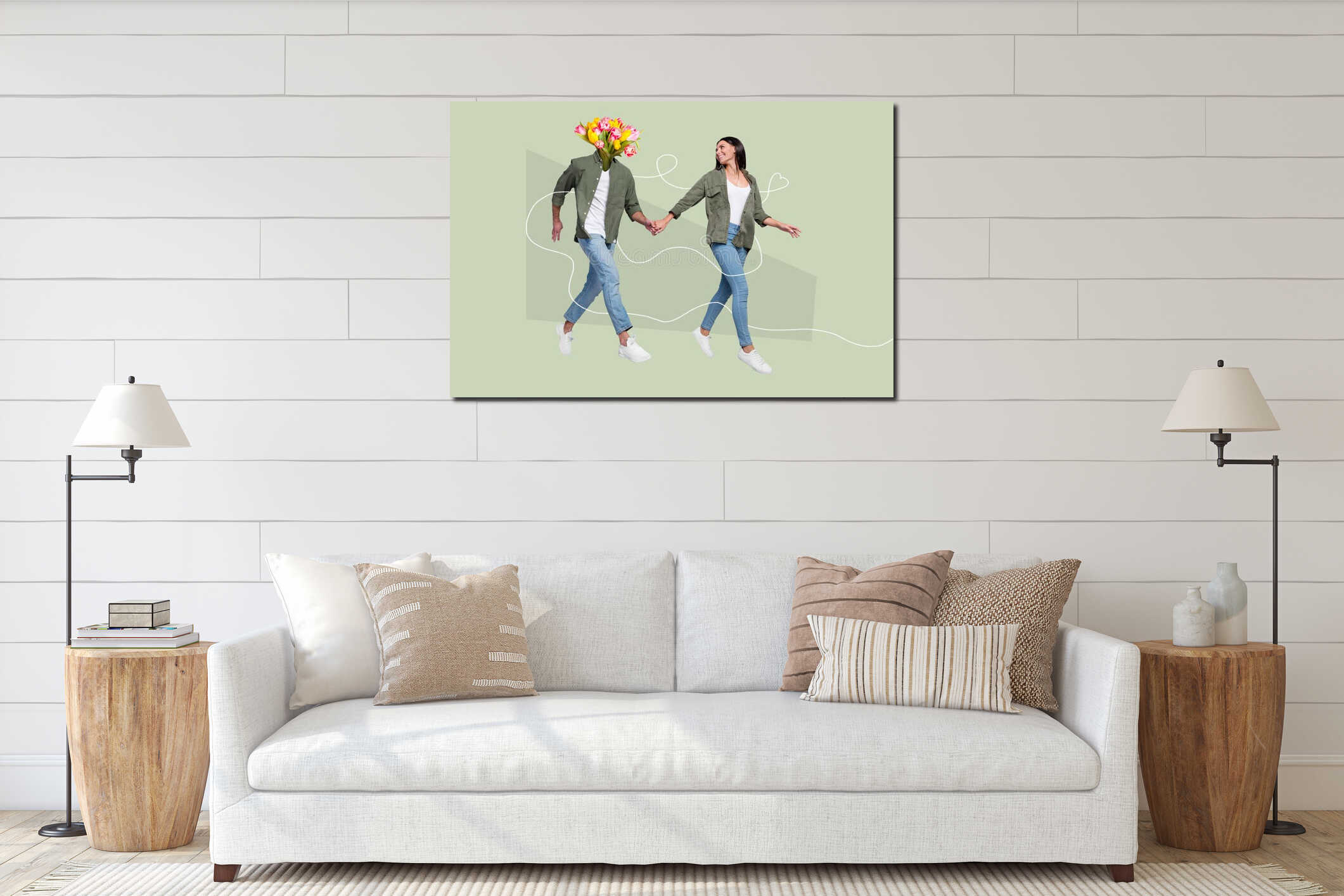 Composite collage portrait of two happy people hold arms running tulips flowers instead head isolated on painted interior mockup