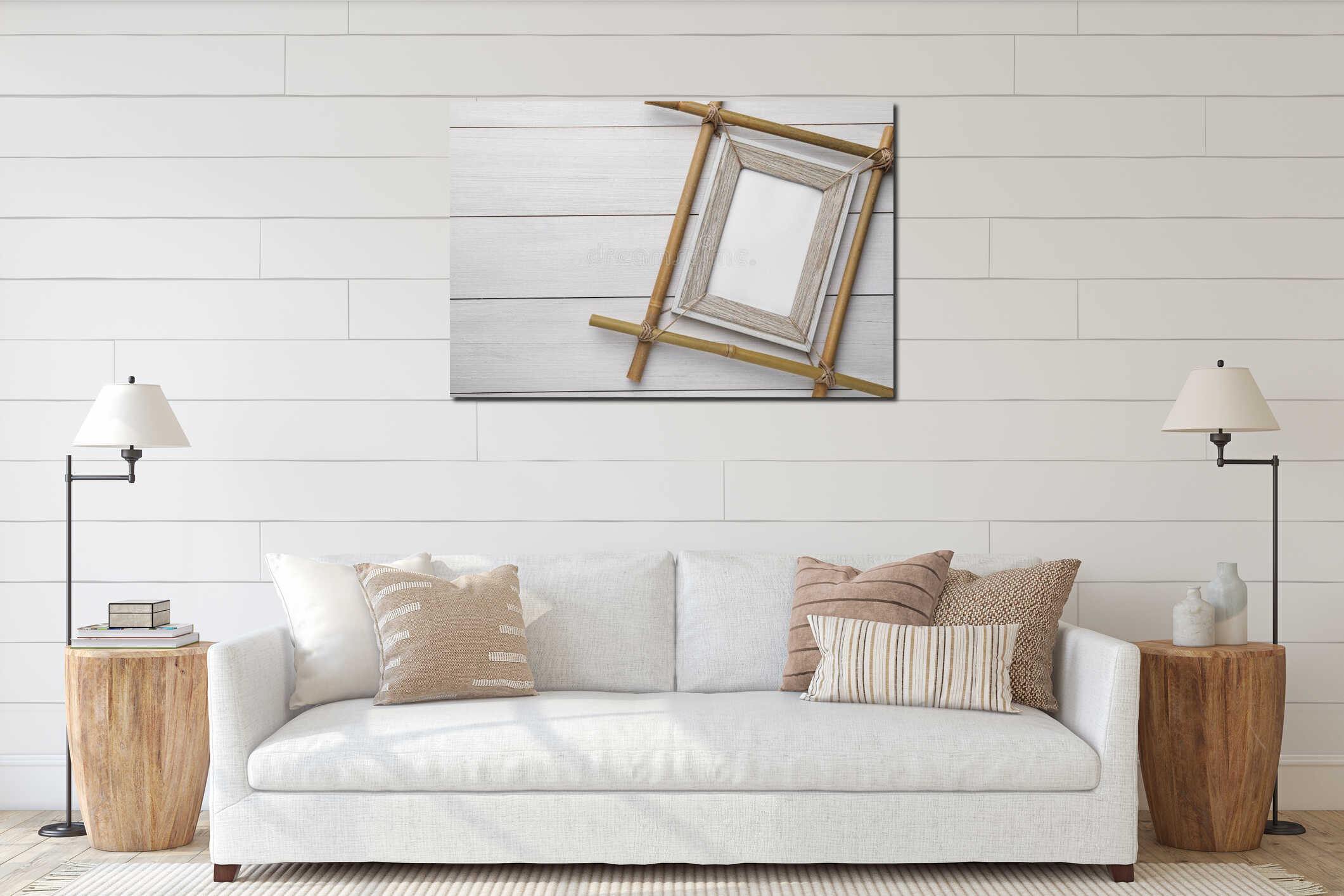 Empty bamboo frame on white wooden table, top view. Space for text interior mockup