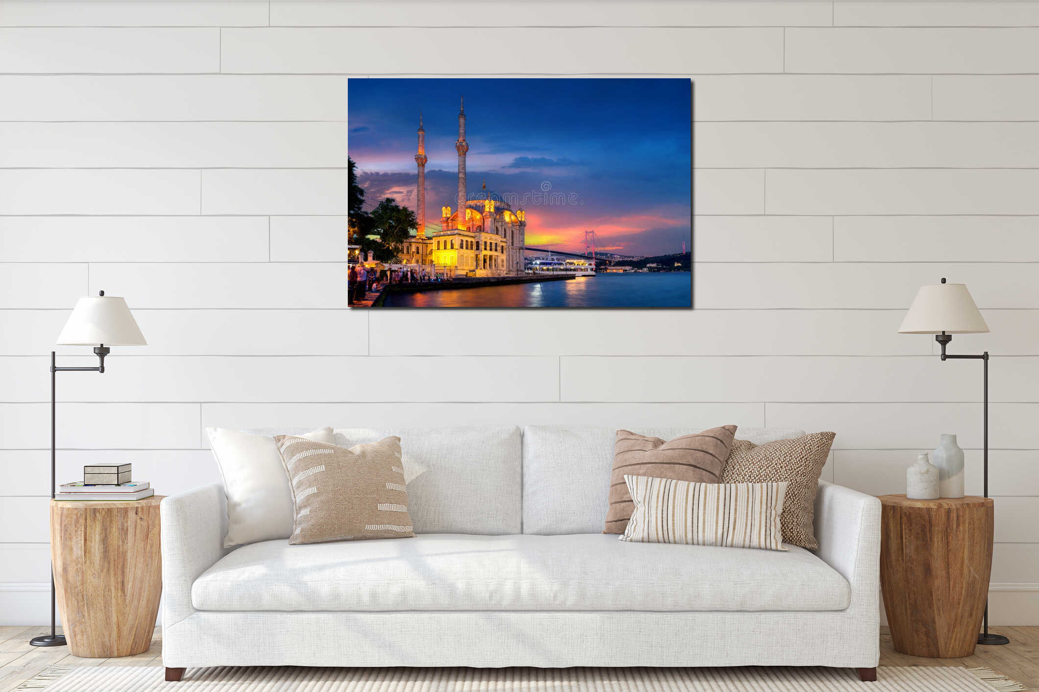 Beautiful ortakoy mosque and Istanbul bosphorus bridge at twilight in Istanbul, Turkey interior mockup