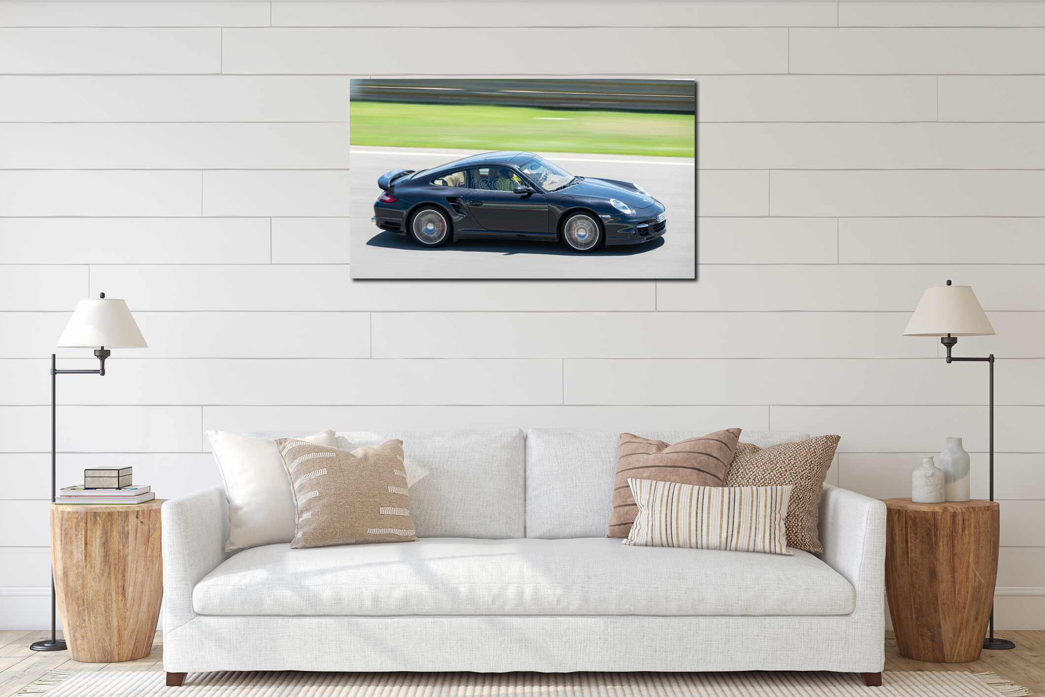 Dark blue Porsche 911 996 racing on the racing circuit interior mockup