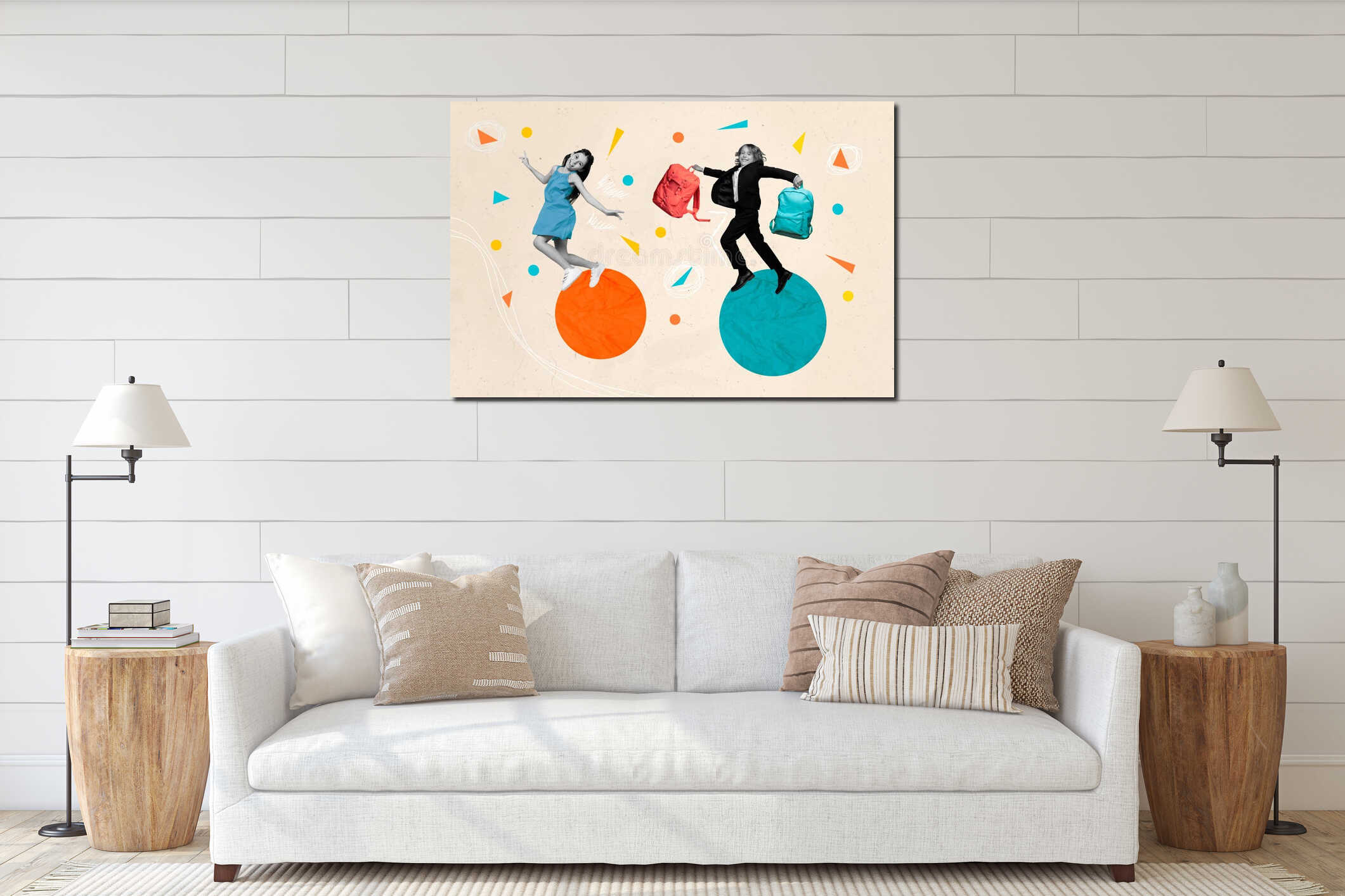 Composite collage image of two excited funny kids black white colors jump hold backpack isolated on creative painted interior mockup