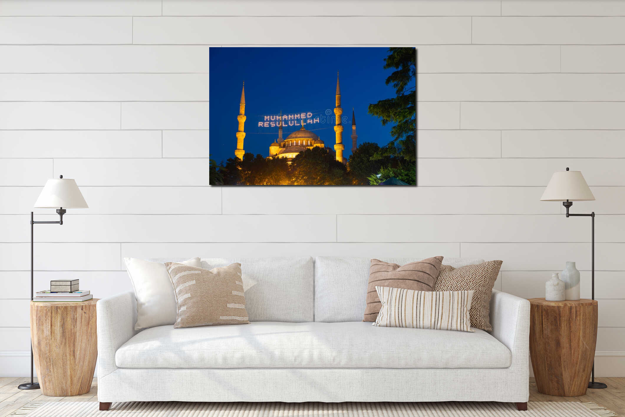 Islamic background. Sultanahmet aka Blue Mosque in Istanbul at night interior mockup