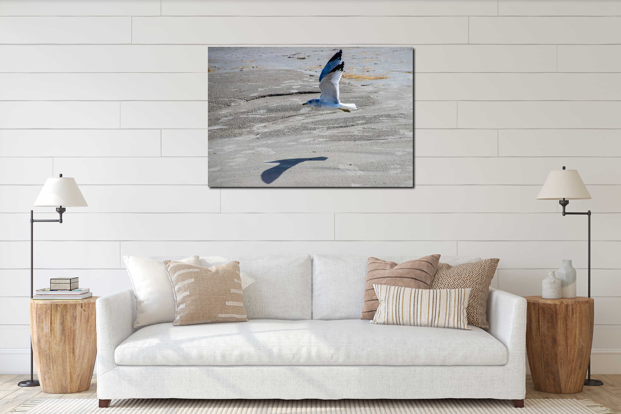 Solitary Seagull Flying Over Beach interior mockup