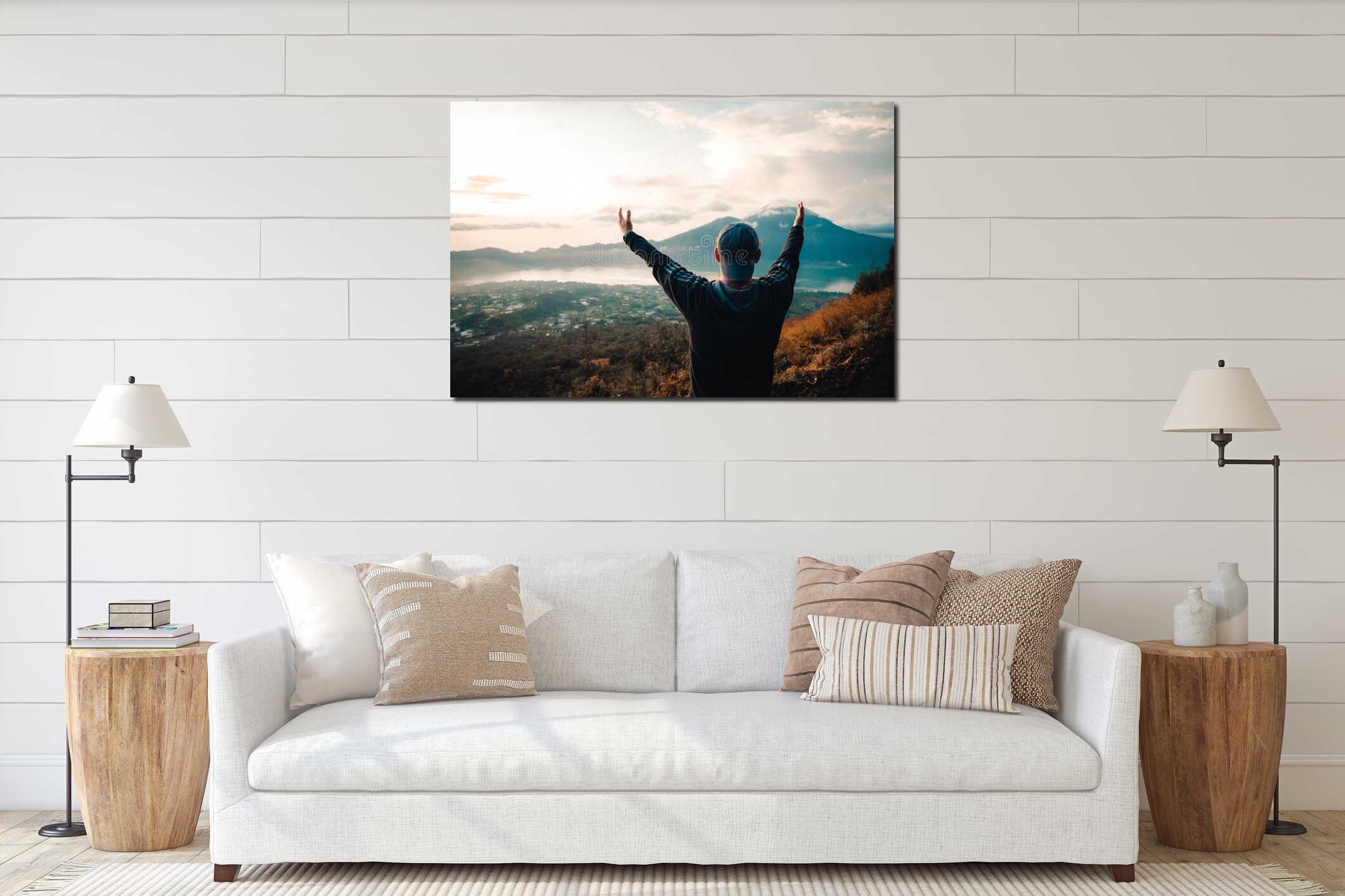 Scenic view of a male person standing in front of the mount Batur with a mesmerizing view in Bali interior mockup