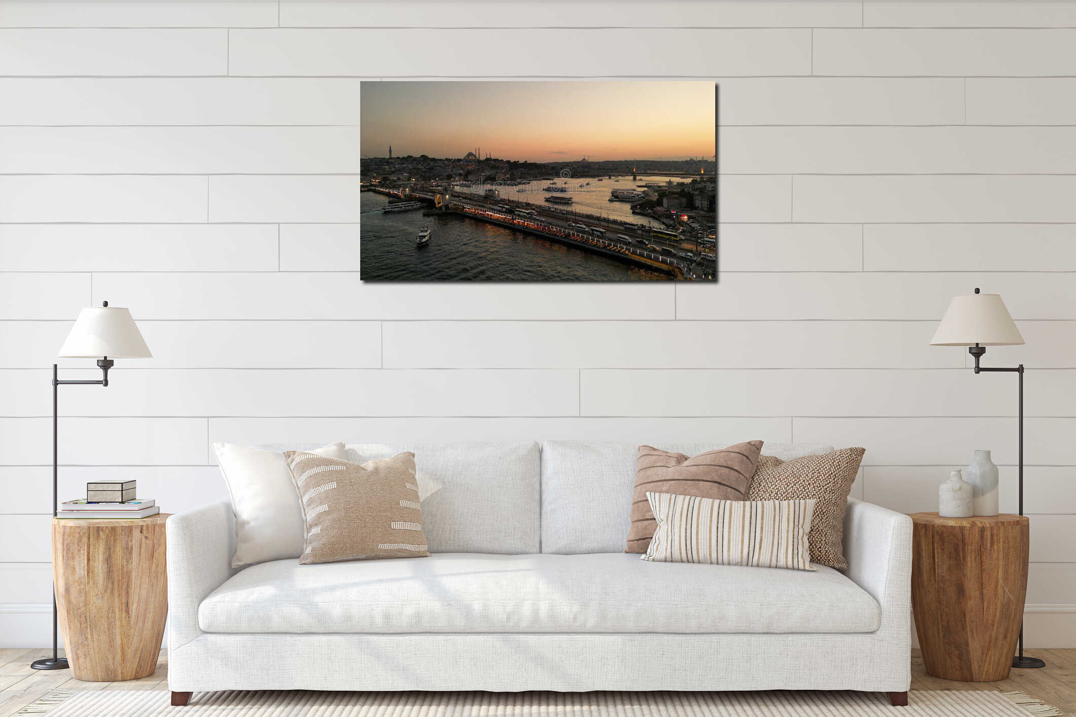 Istanbul city panorama with famous Galata bridge on the hill interior mockup
