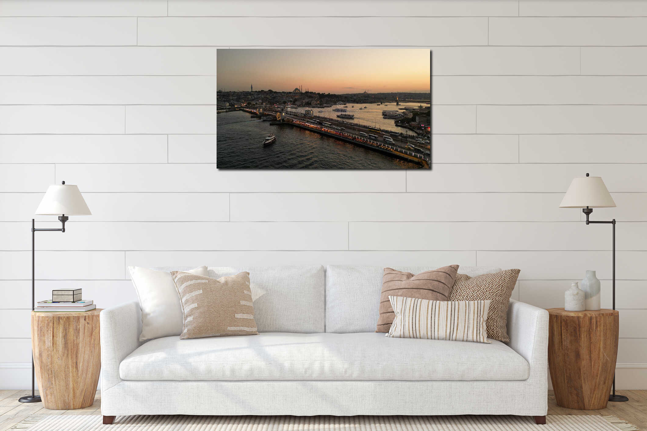 Istanbul city panorama with famous Galata bridge on the hill interior mockup