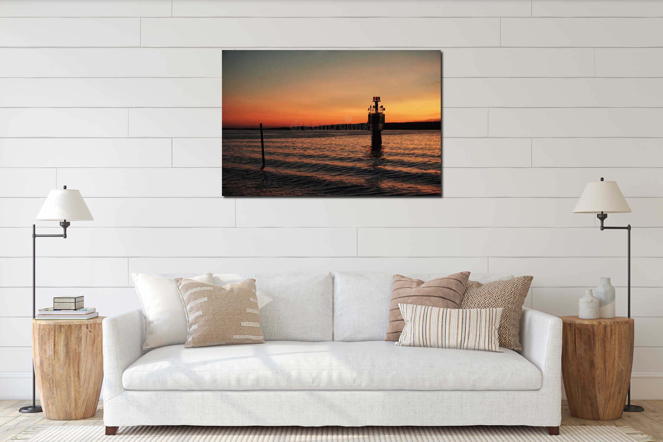 silhouette lighthouse by sea against sky during sunset interior mockup