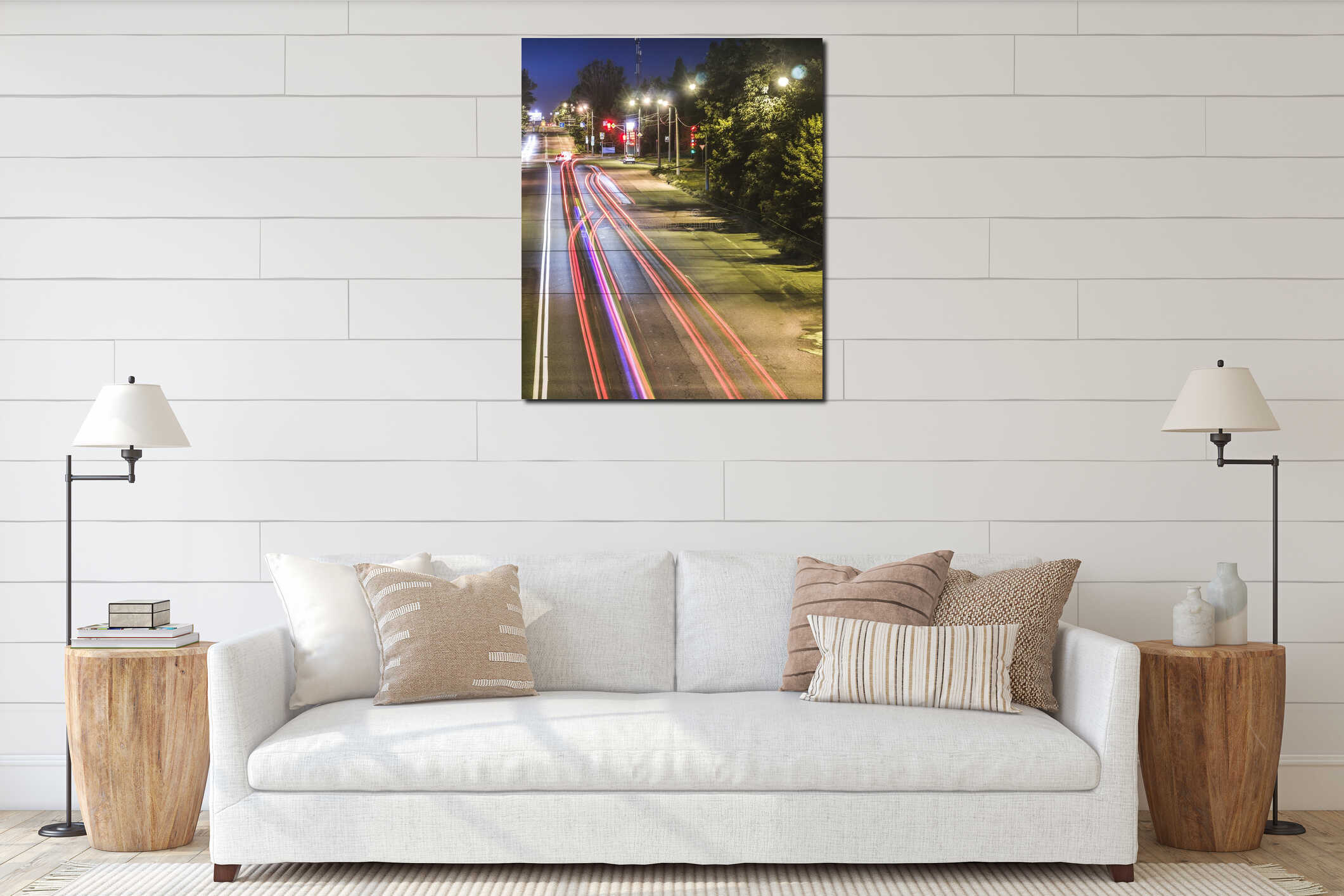 Evening summer city and stretched automobiles at long exposure interior mockup