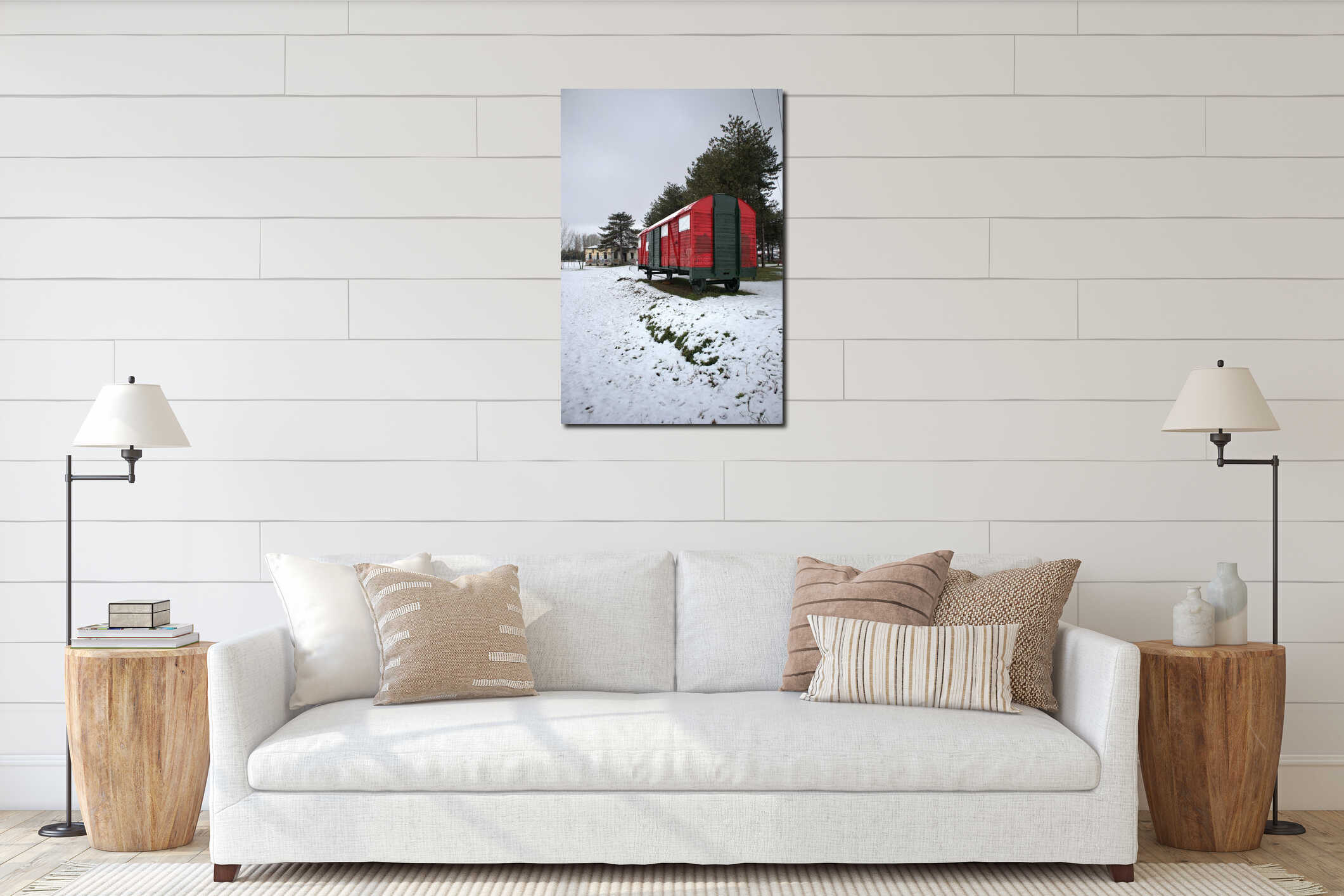Vertical shot of a winter landscape with a red van in Ptolemaida's old community farm park, Greece interior mockup
