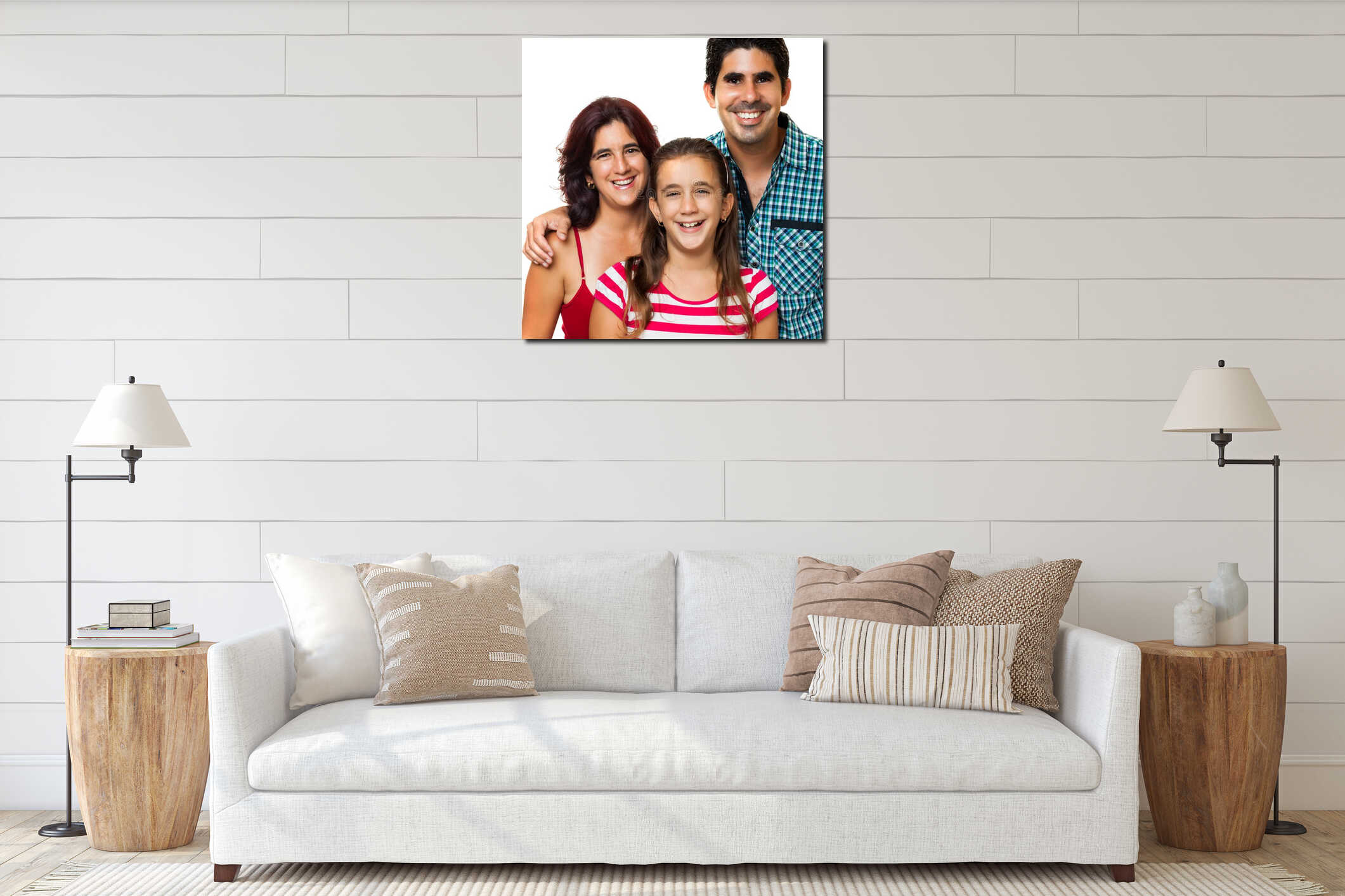 Portrait of a happy hispanic family interior mockup