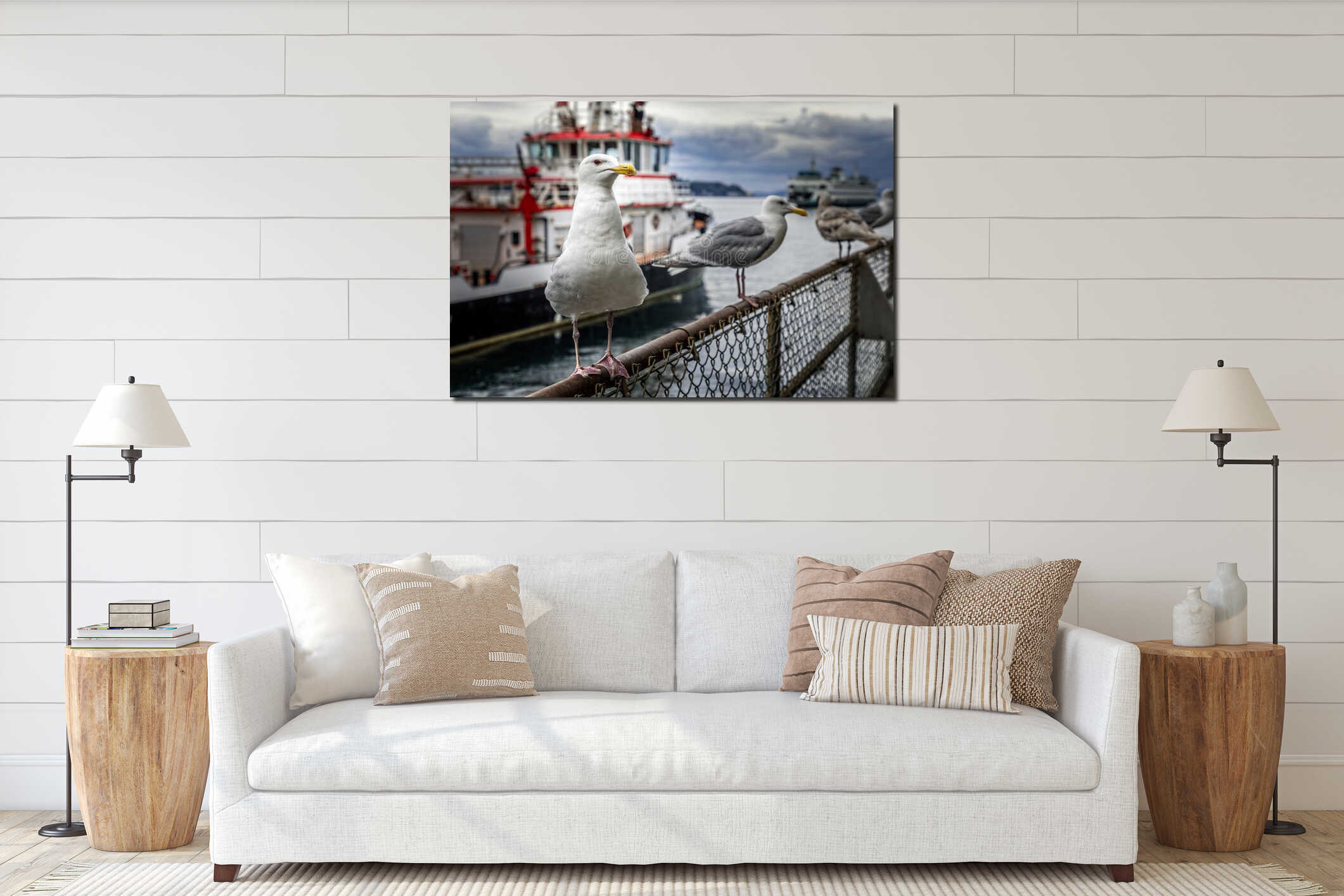 Portrait of a seagull looking towards a fishing boat, selective focus interior mockup