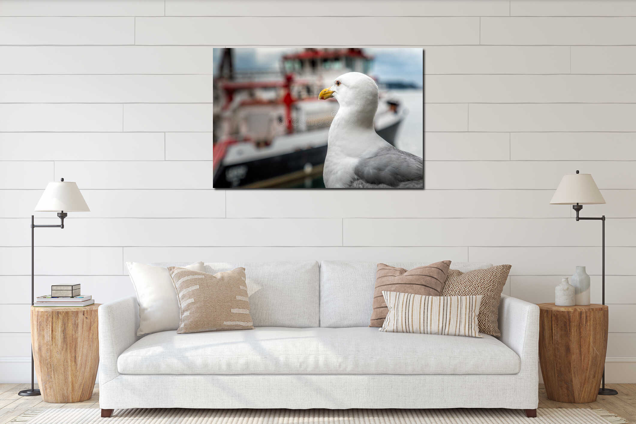 Portrait of a seagull looking towards a fishing boat, selective focus interior mockup
