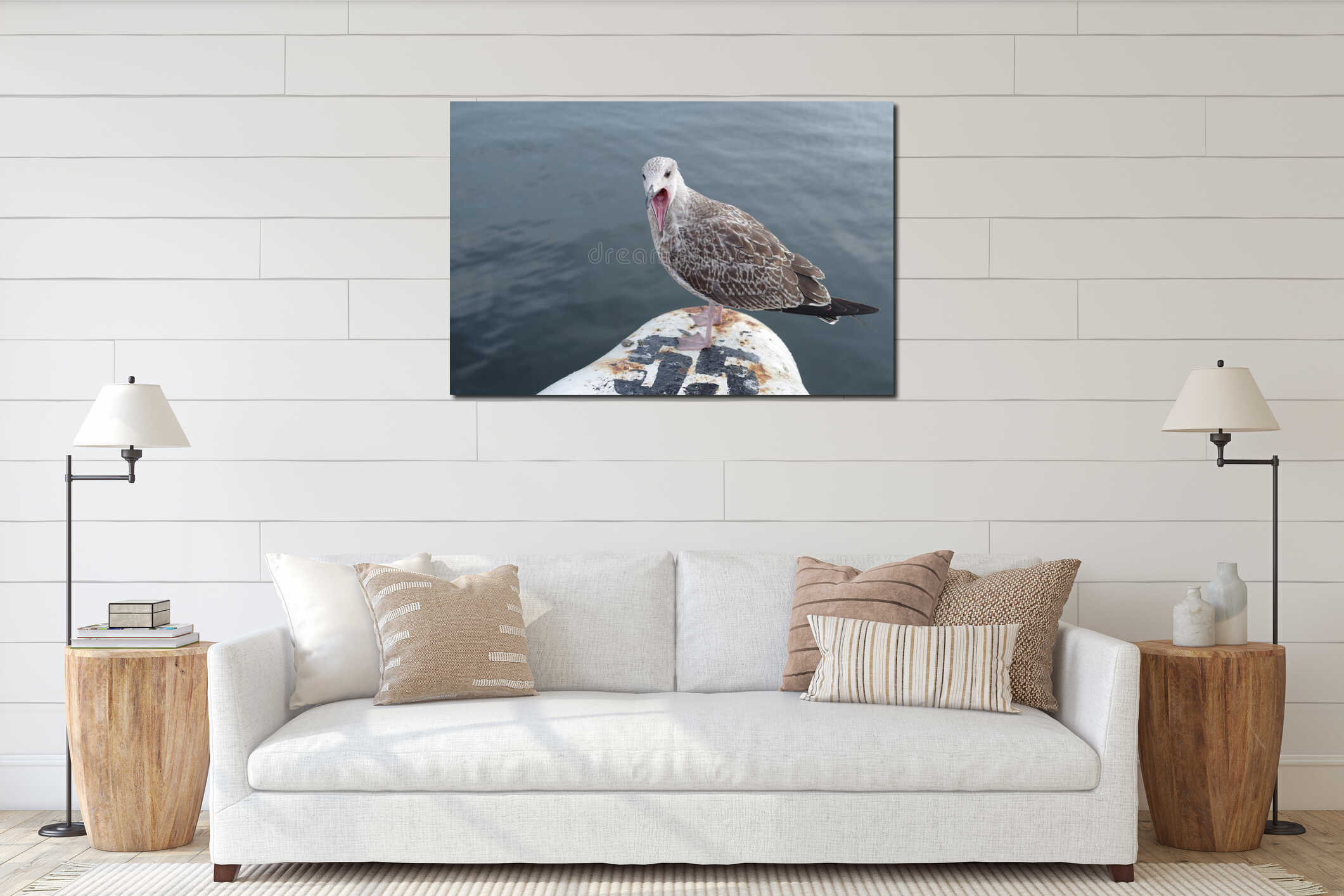 Young  gray angry European herring gull close interior mockup