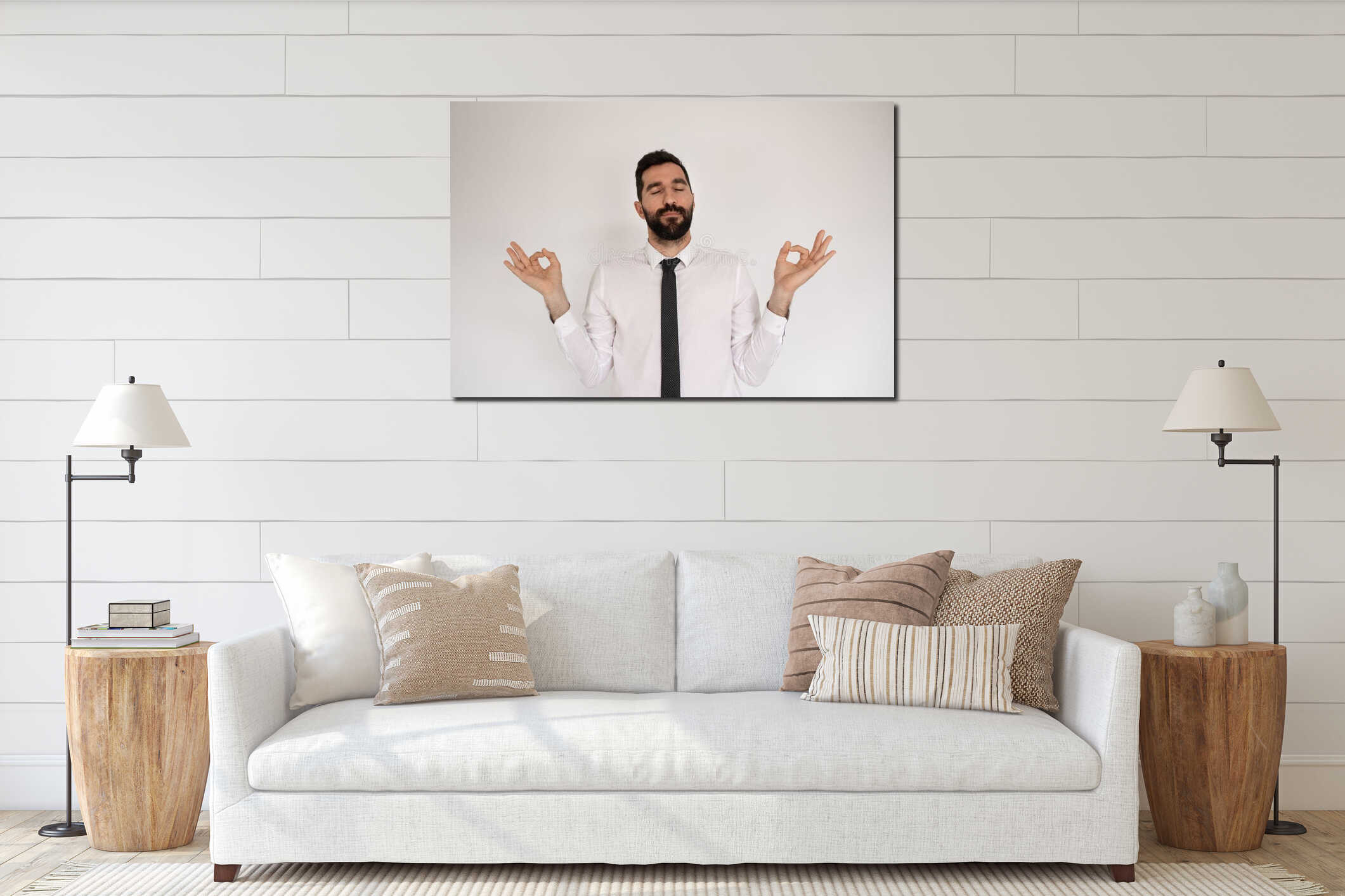 Caucasian man with beard meditating in studio interior mockup
