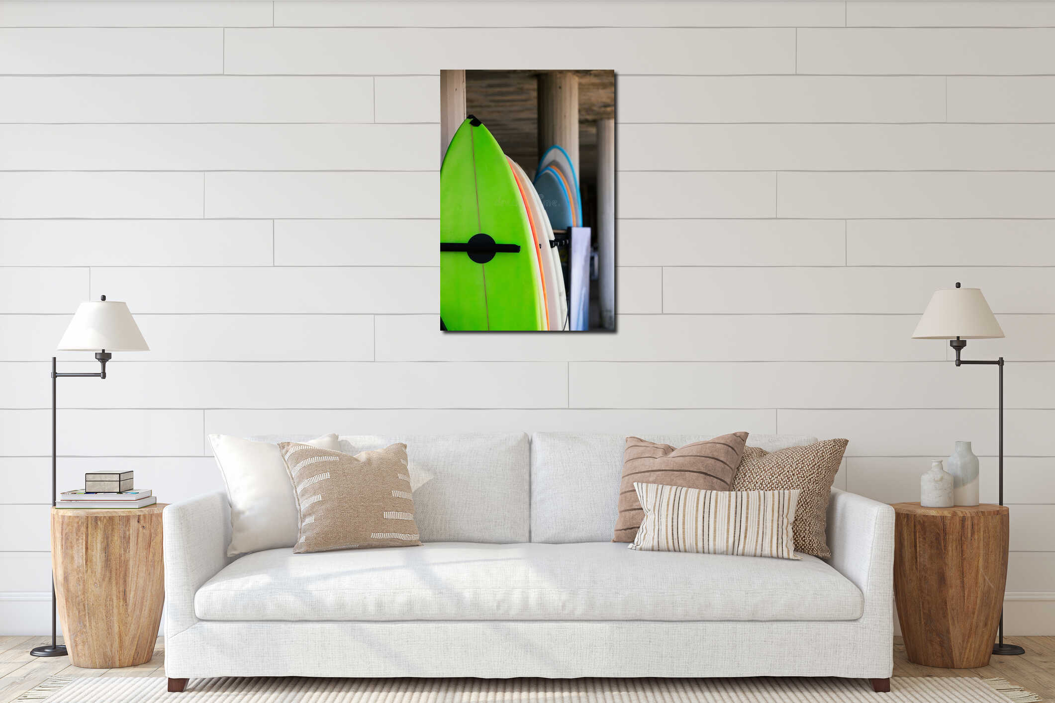Vertical shot of the set of colorful surfboards in a pile interior mockup