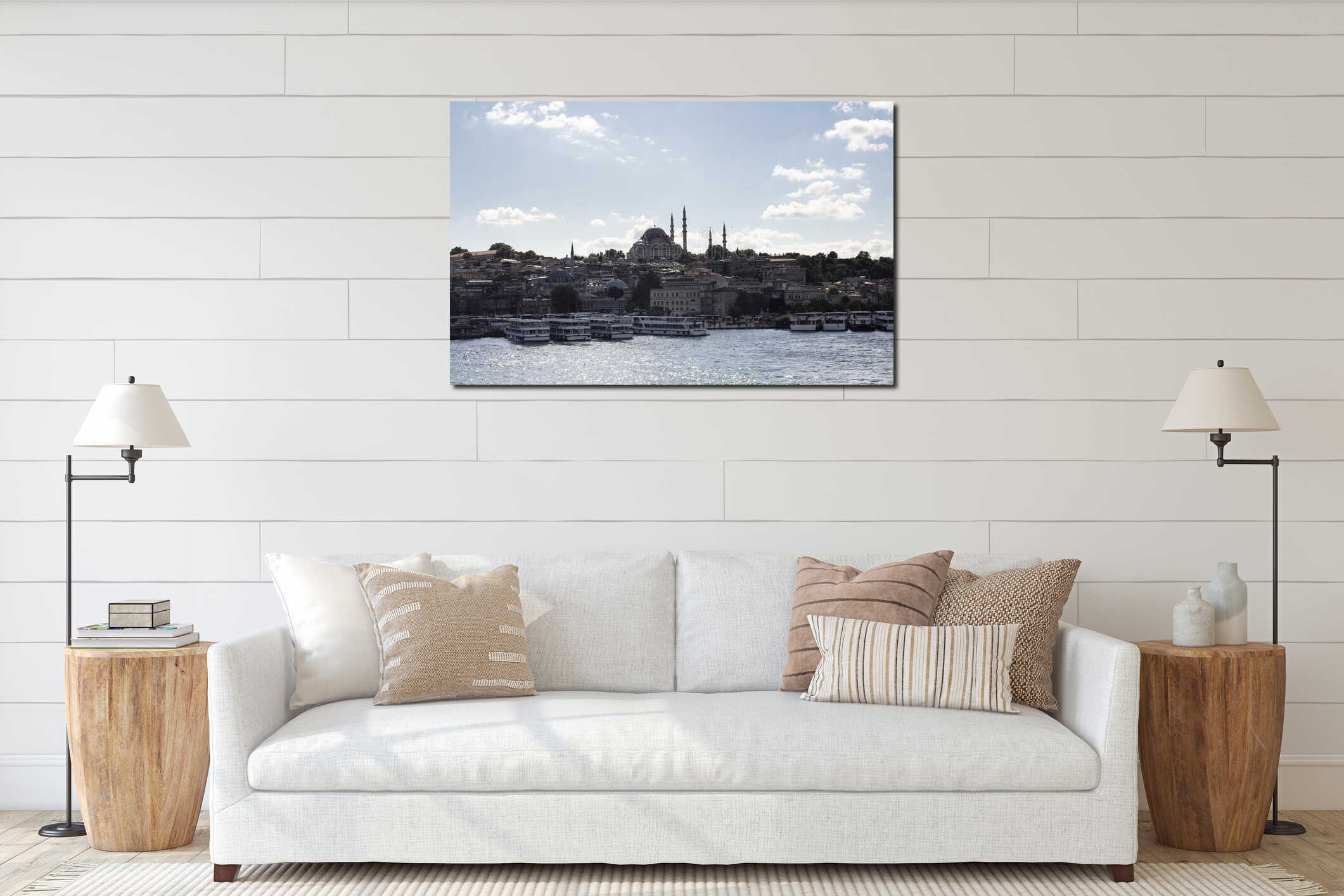 View of parked tour boats on Golden Horn part of Bosphorus in Istanbul. Historical mosque interior mockup