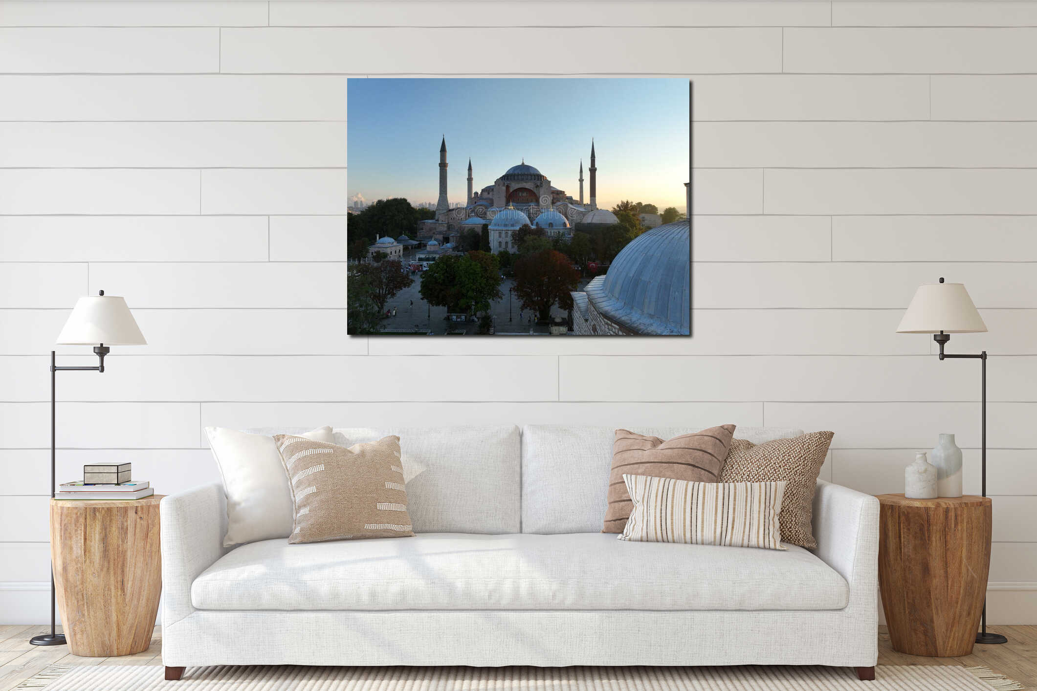 Istanbul, Turkey. Sultanahmet area with the Blue Mosque and the Hagia Sophia with a Golden Horn and Bosphorus bridge in interior mockup