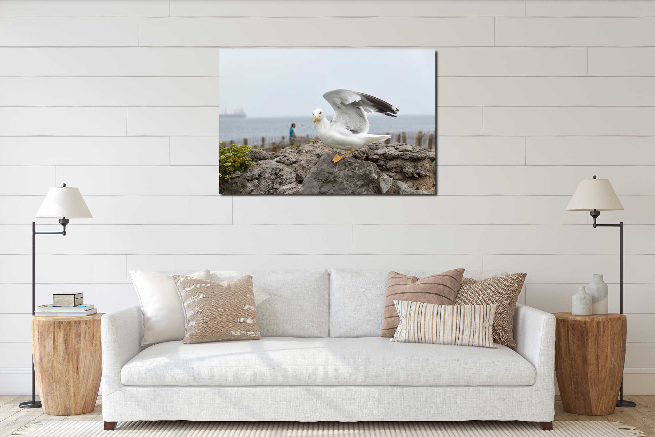 Seagull on a rock spreads its wings interior mockup