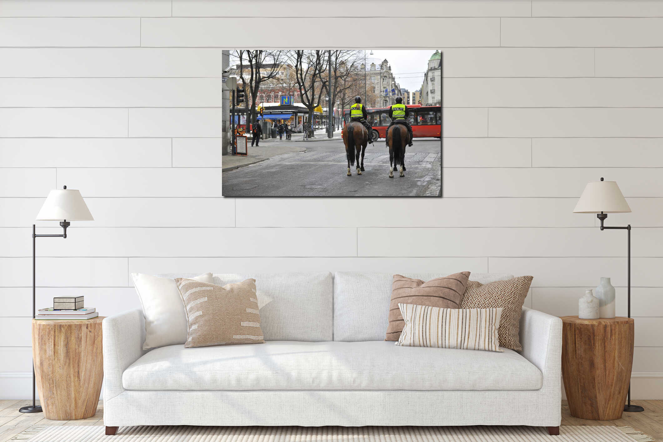 Norway city of Oslo in winter city center frost snow streets police officers interior mockup