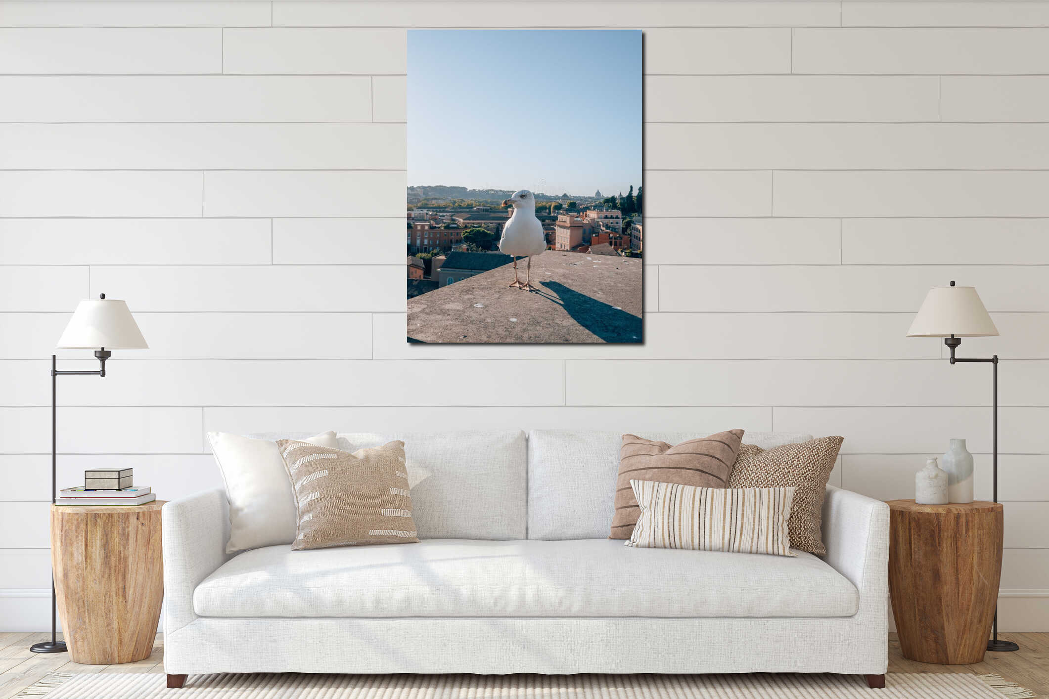 Vertical shot of a seagull above the roofs of Rome, Italy interior mockup