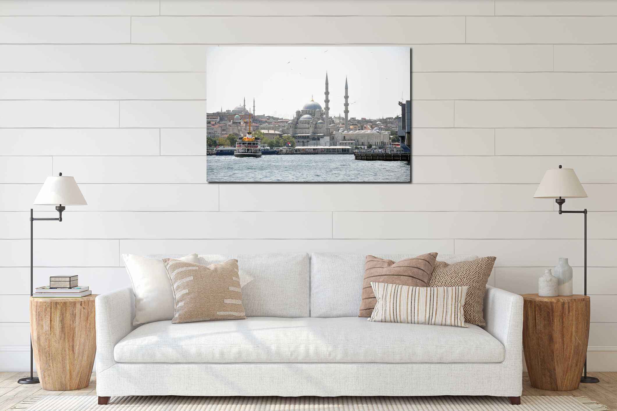 Istanbul cityscape view of Blue Mosque, ferries & buildings from the Bosporus, Turkey interior mockup