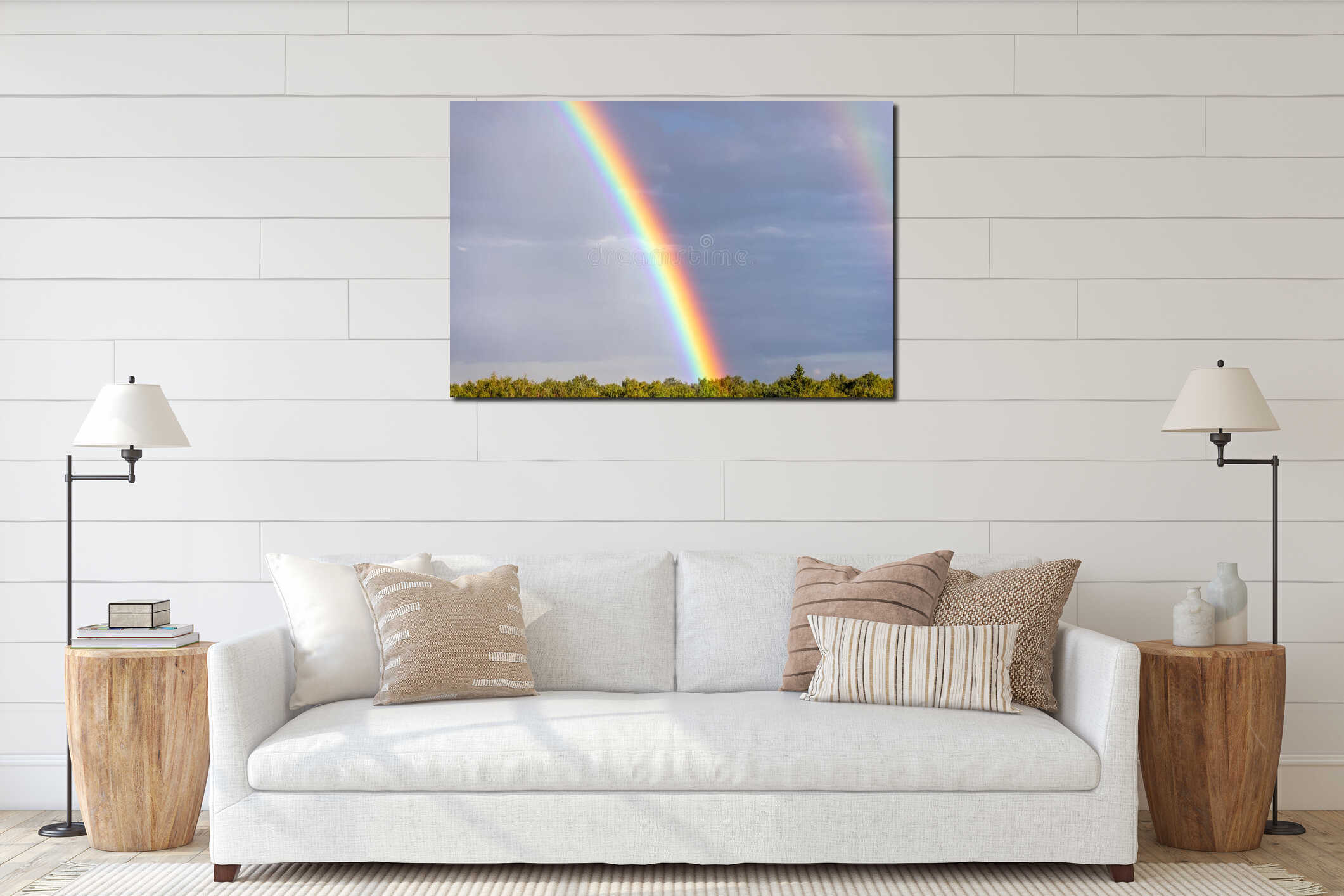 Rainbow colorful sunset on blue pink sky yellow clouds skyline. interior mockup
