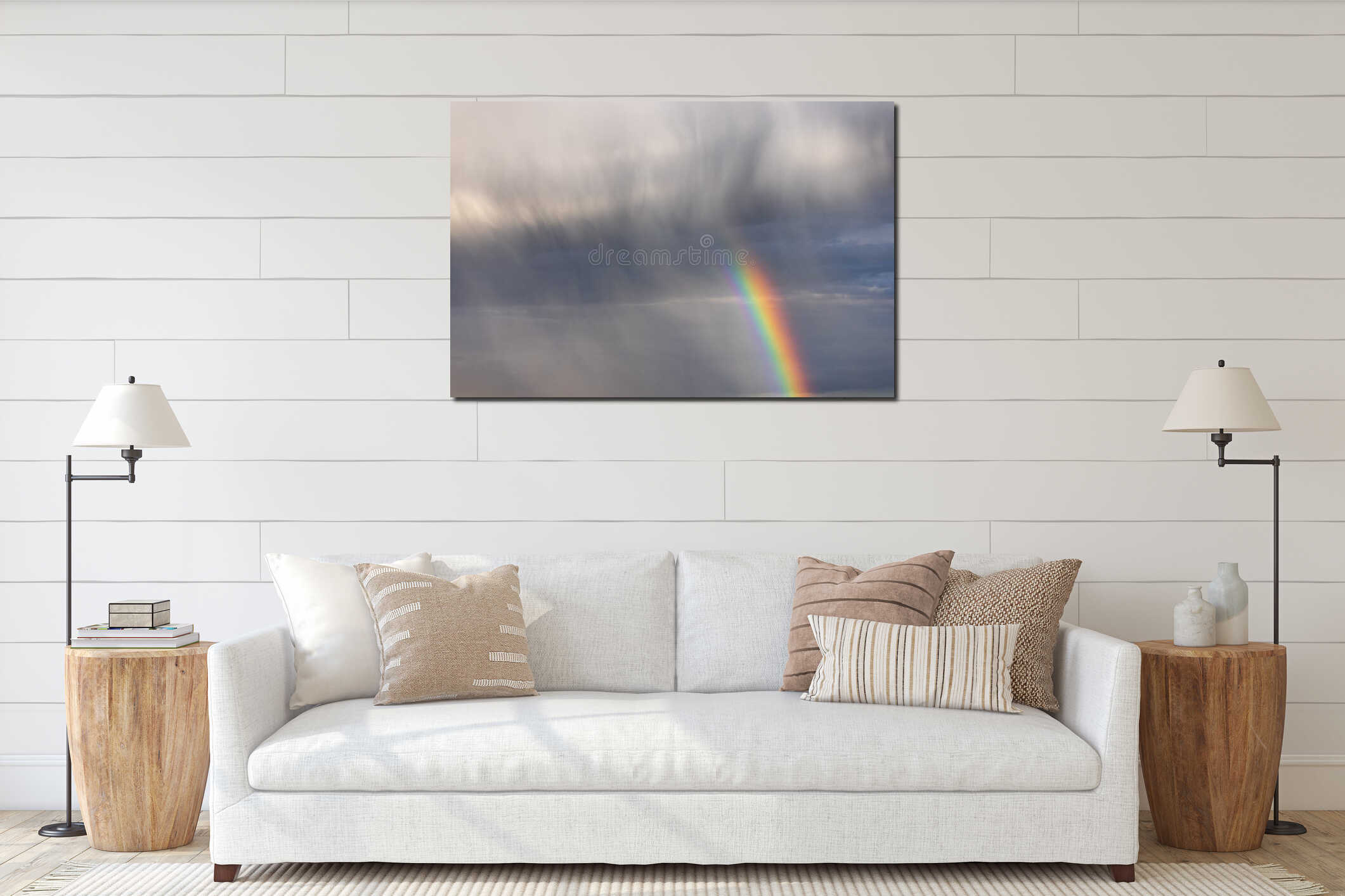 Rainbow colorful sunset on blue pink sky yellow clouds skyline. interior mockup