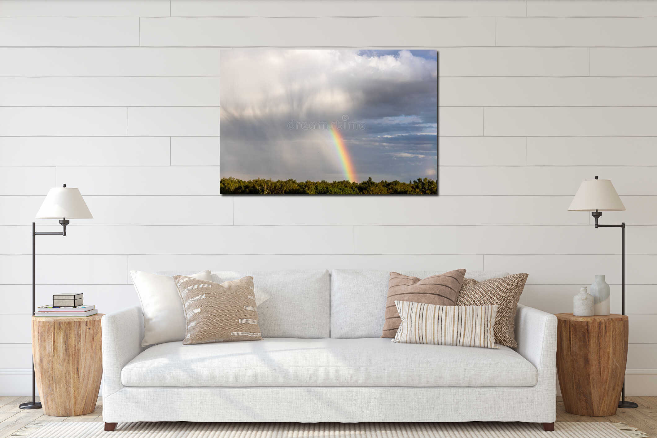 Rainbow colorful sunset on blue pink sky yellow clouds skyline. interior mockup