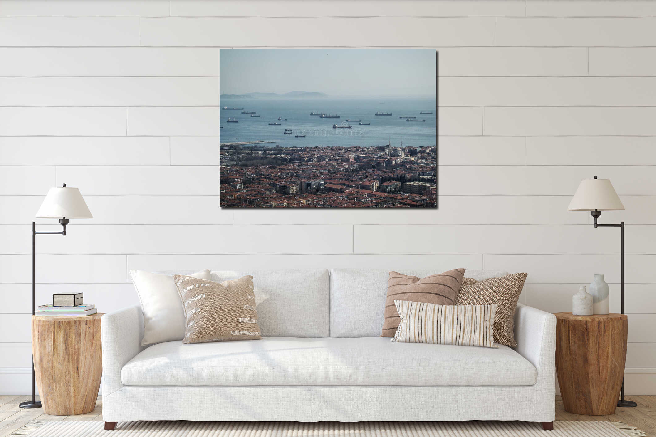 View to ships waiting in Marmara Sea to go to Bosphorus Istanbul Turkey interior mockup