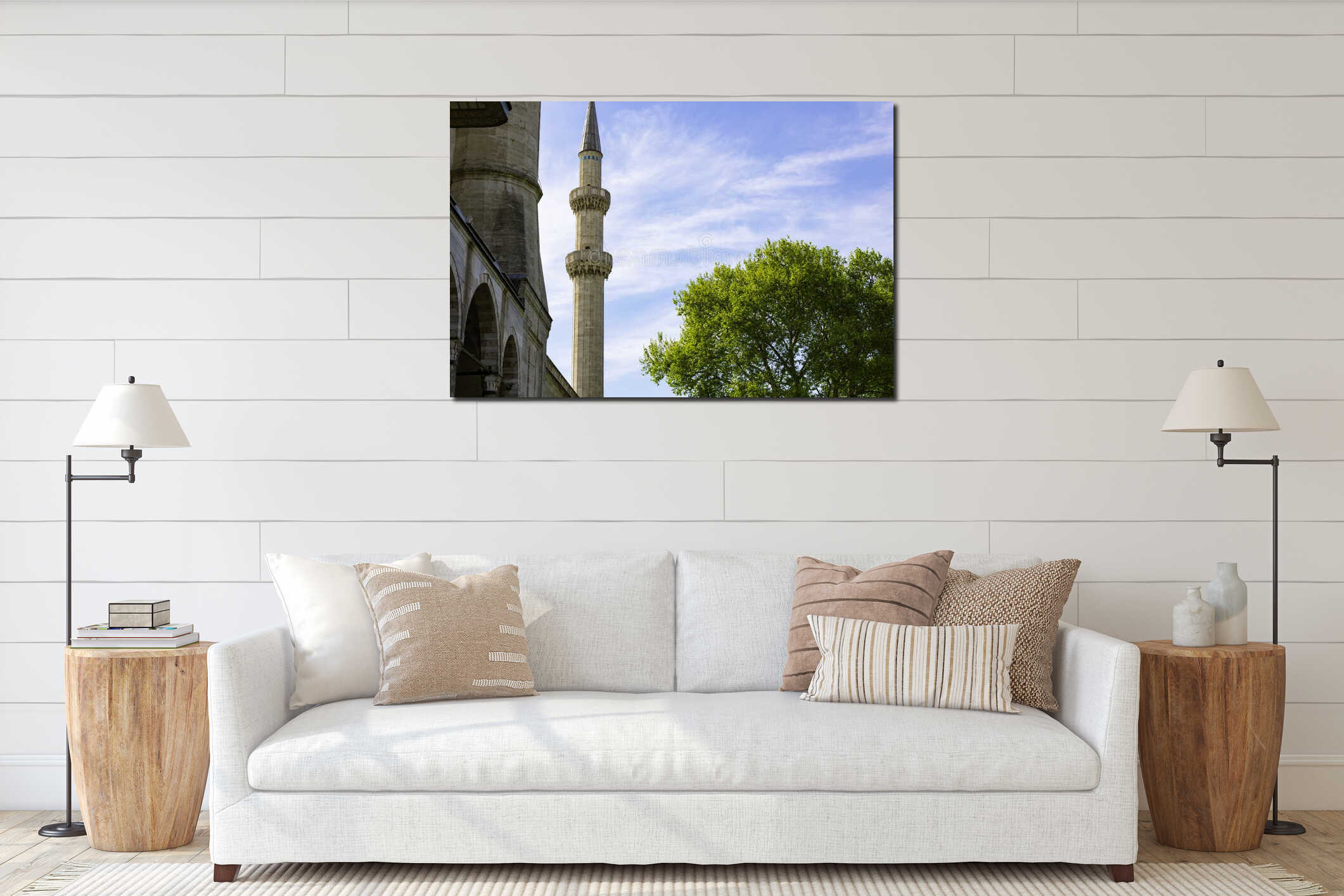 Minaret of Suleymaniye Mosque and tree. Mosques of Istanbul interior mockup