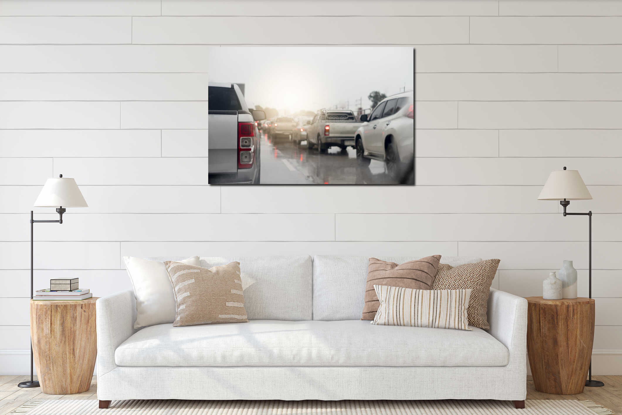 Abstract of rear pickup car. Rear side view of car in rainy time and traffic jam. interior mockup