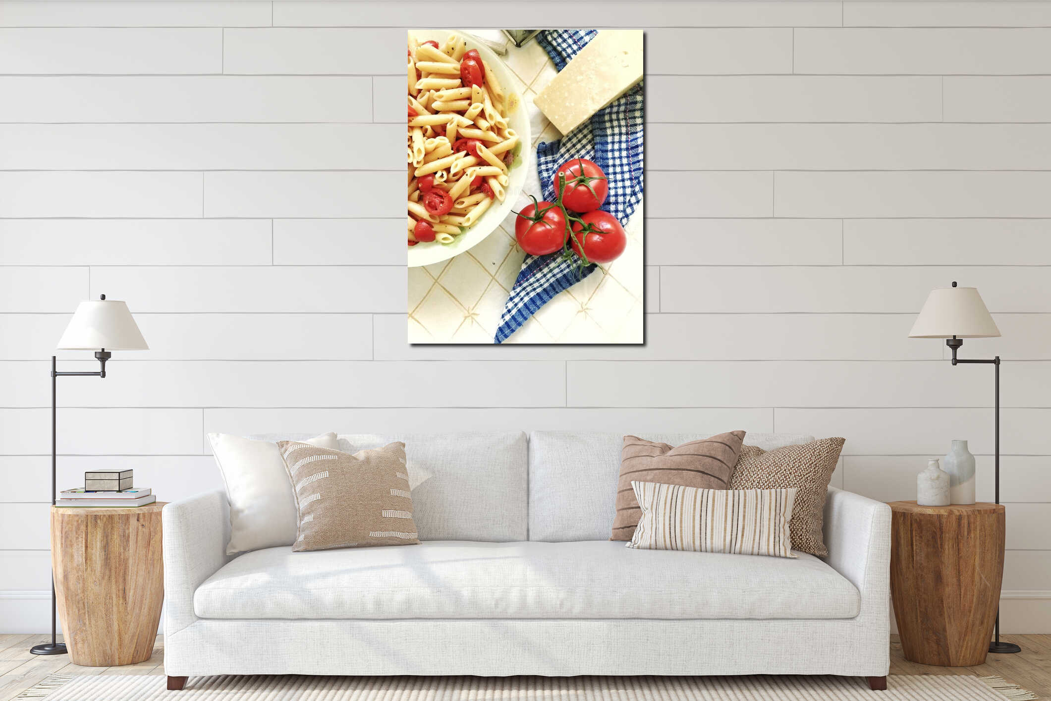 Vertical top shot of a plate full of Italian pasta with sliced cherry tomatoes and spices interior mockup